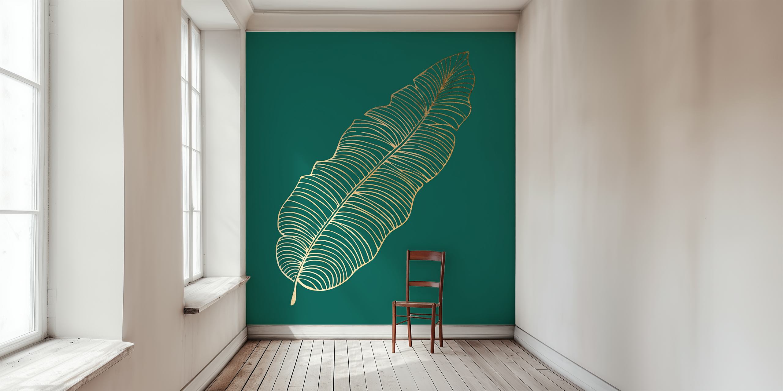 Jungle green jumbo palm leaf wallpaper in a room