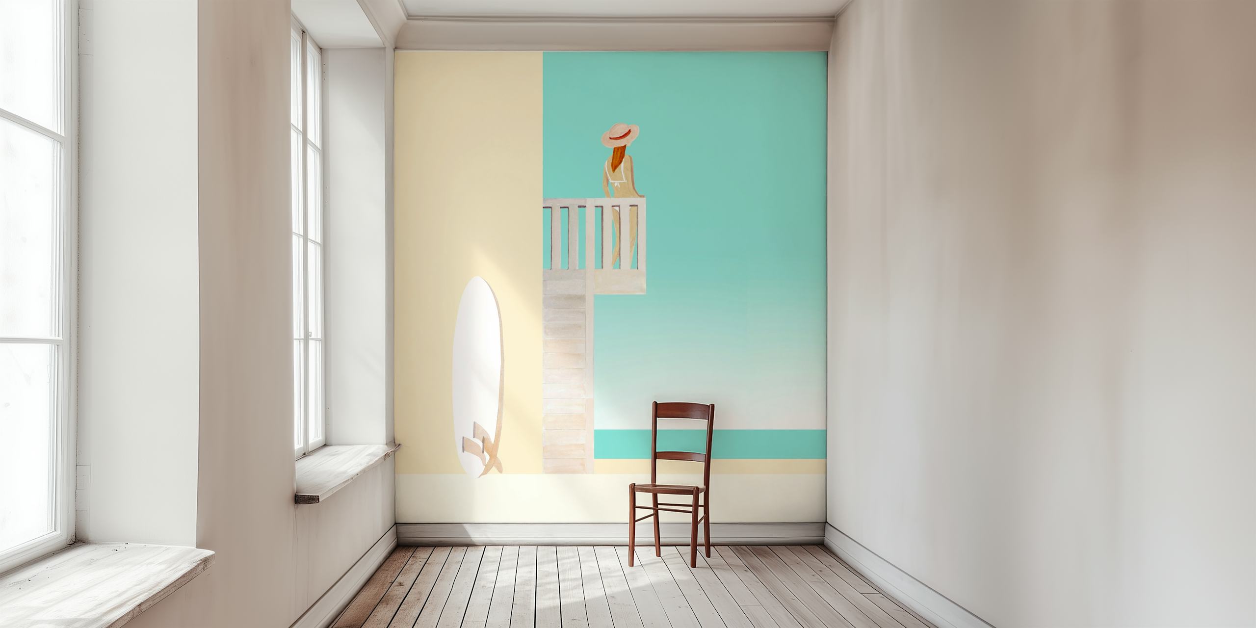 Woman in hat on balcony with ocean view, beach wall mural