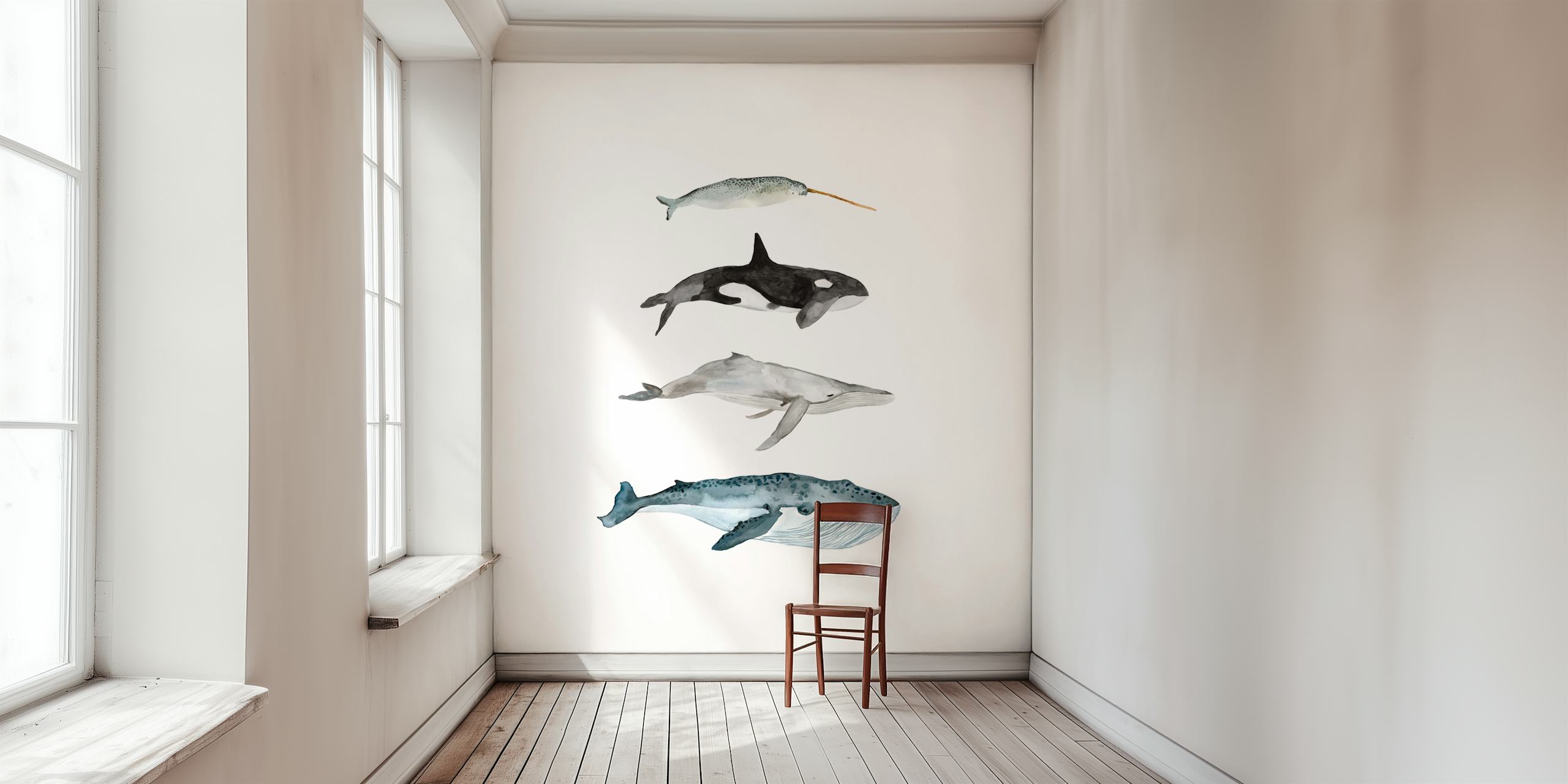 Four whales wallpaper in a room