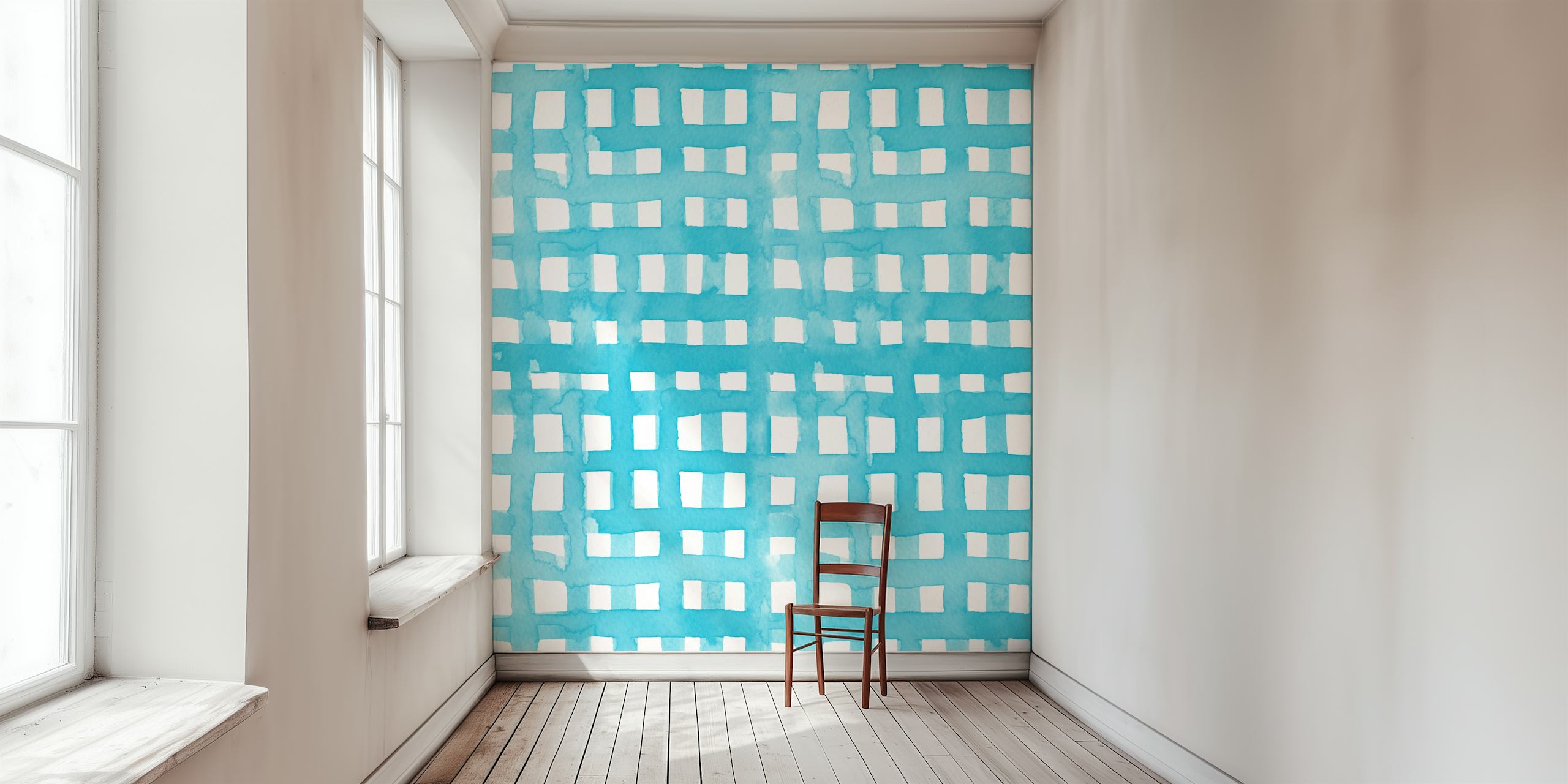 Pastel blue grid watercolor wallpaper displayed in a room