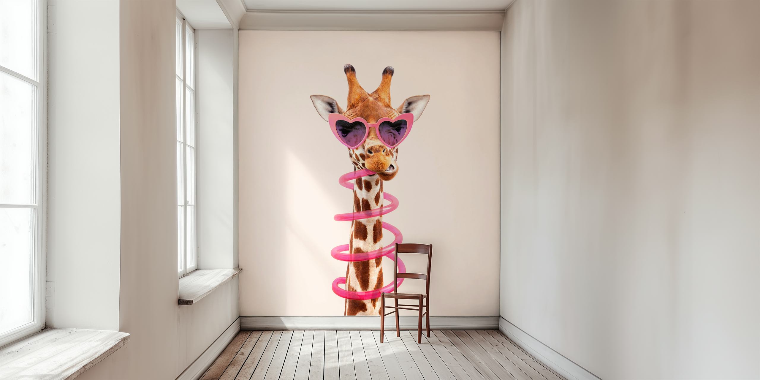 Giraffe wearing heart-shaped sunglasses with pink spiral decoration wallpaper