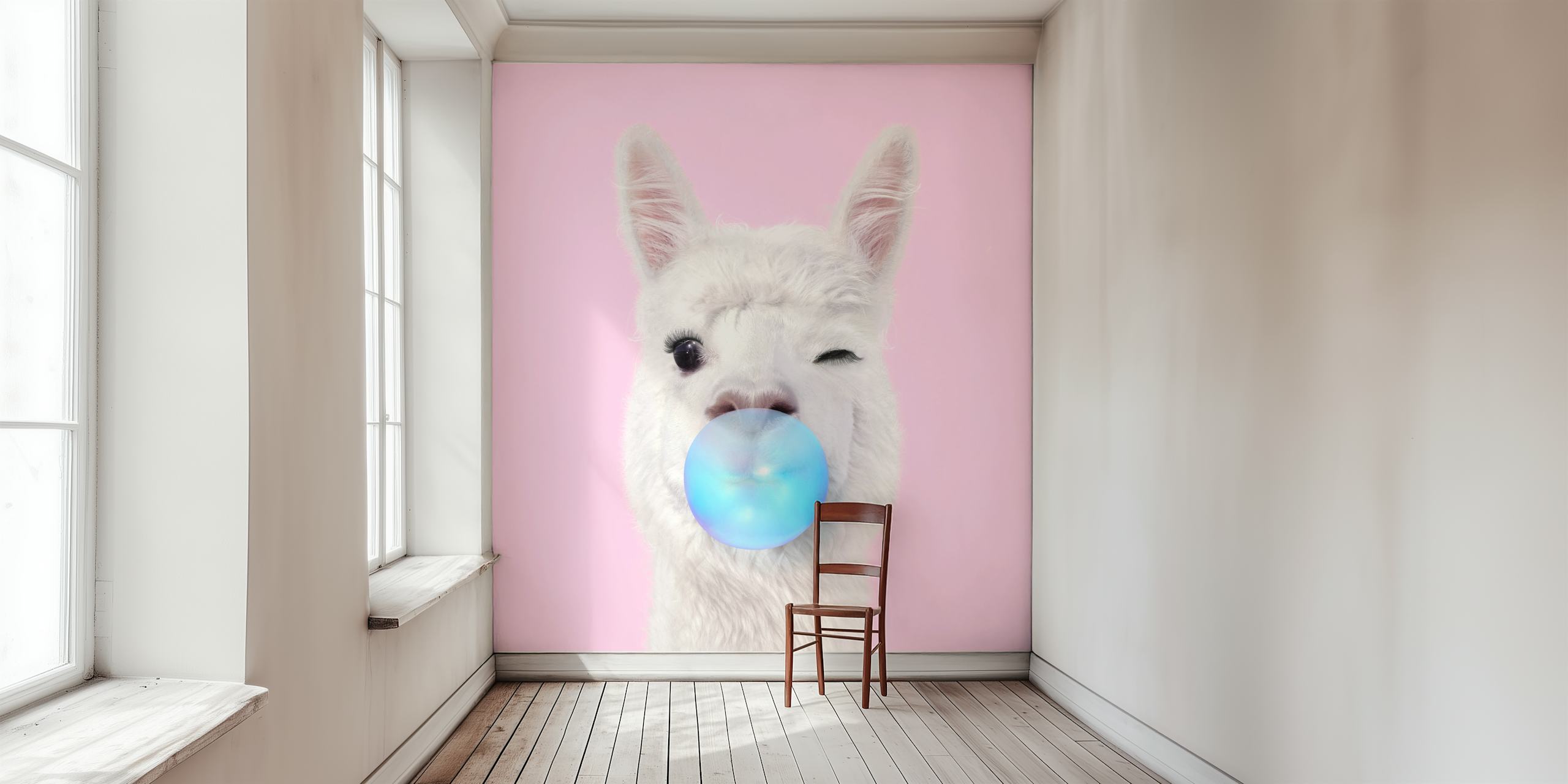 Slatka ljama puše u plavu žvakaću gumu na ružičastoj pozadini