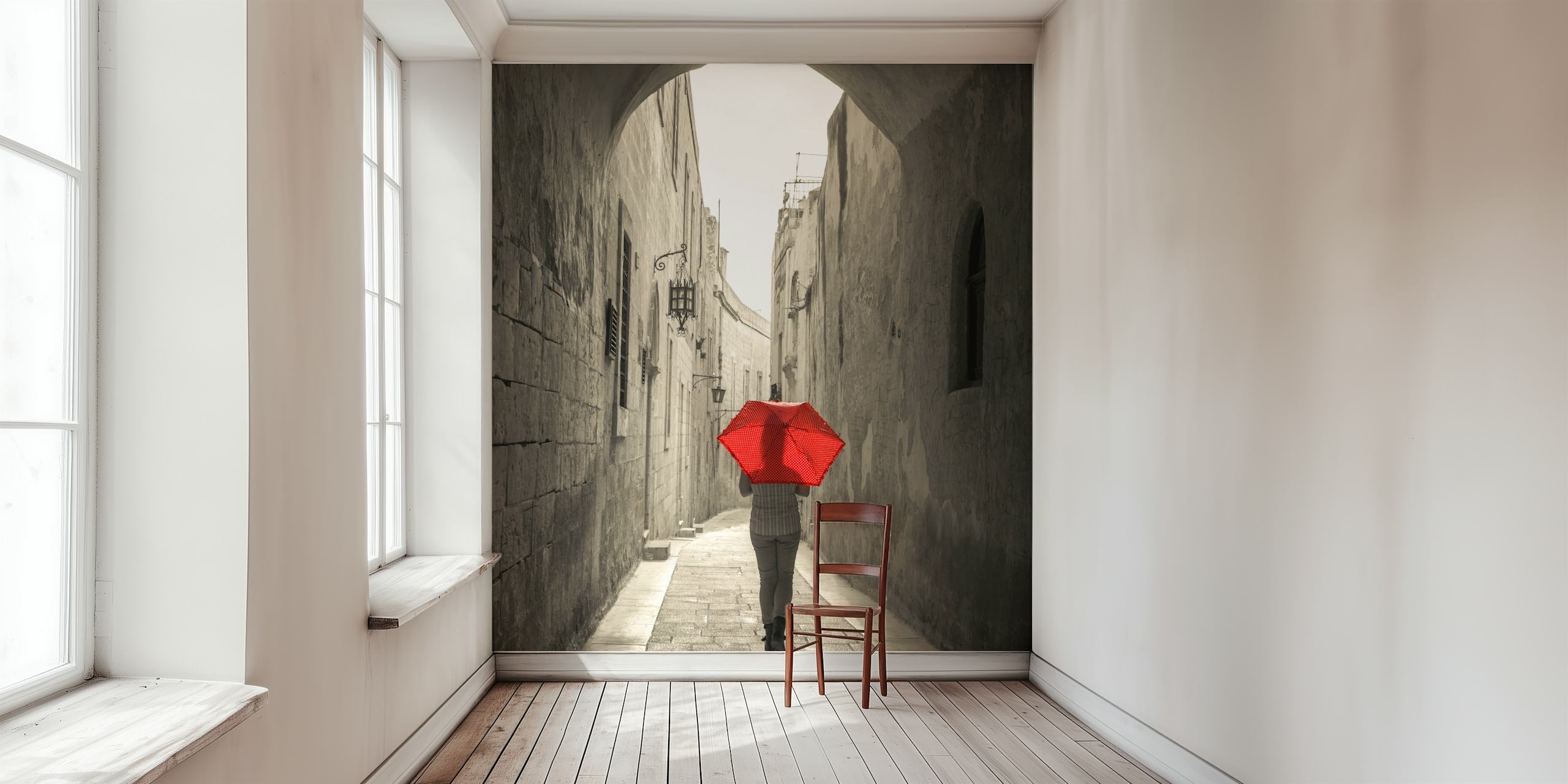 A person walking in an alley with a red umbrella, monochrome wallpaper