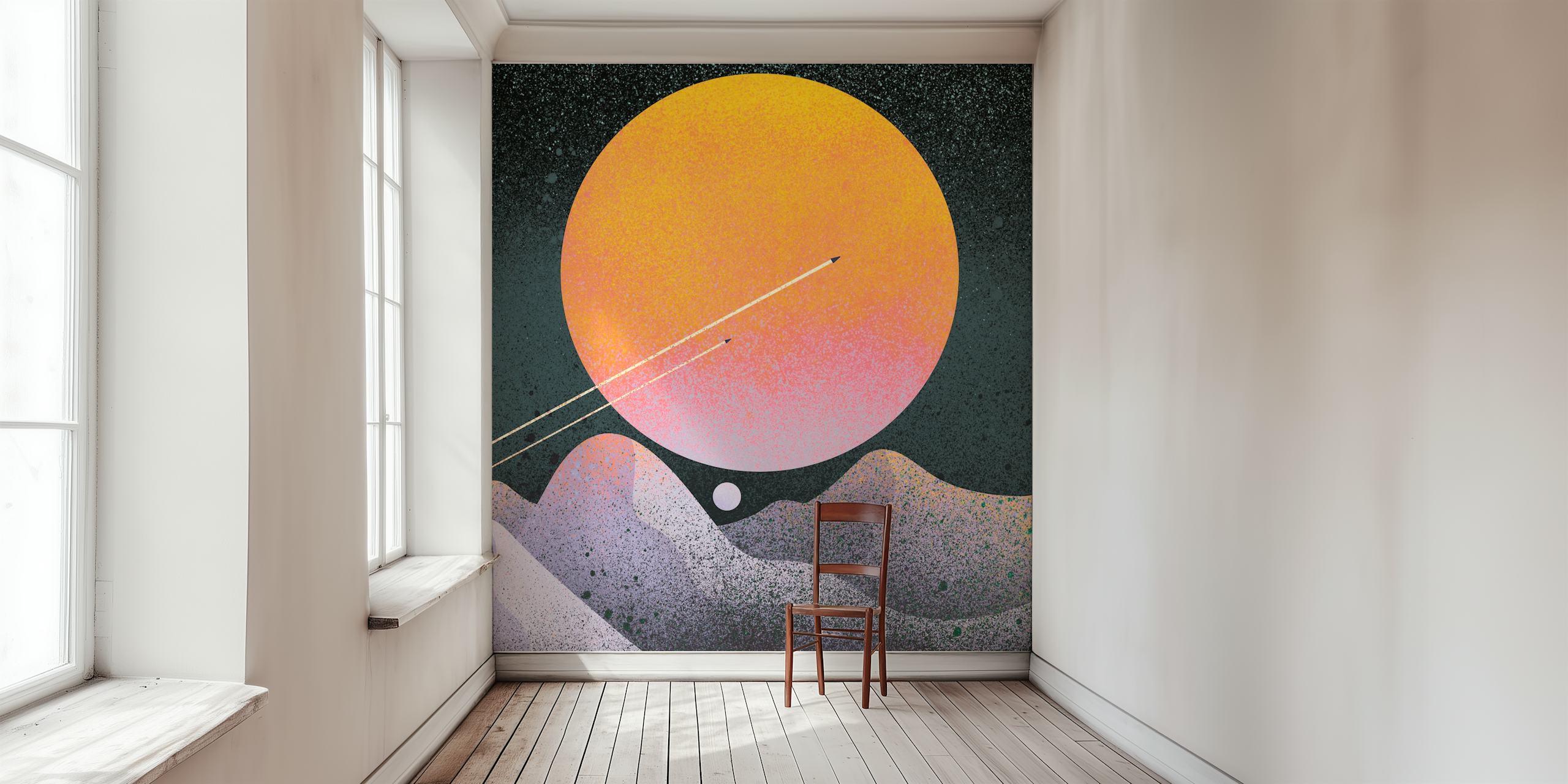 Colorful abstract sunset with orange sun and purple mountains wallpaper