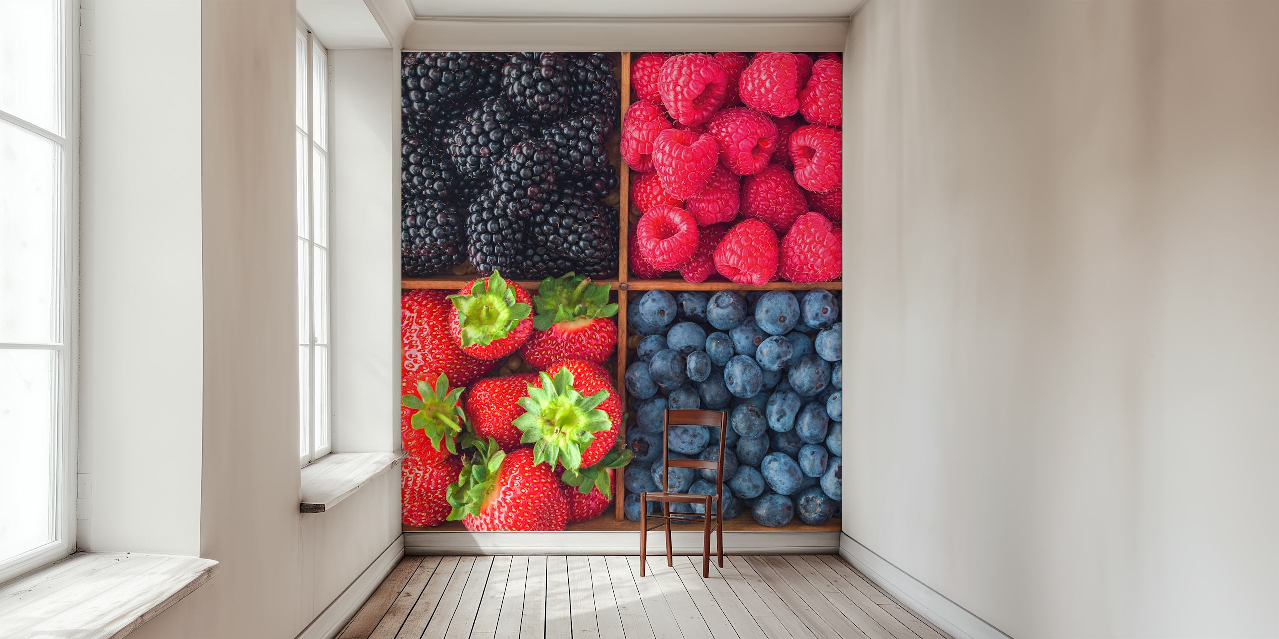 assorted berries in wooden boxes, red, black, blue, green wallpaper