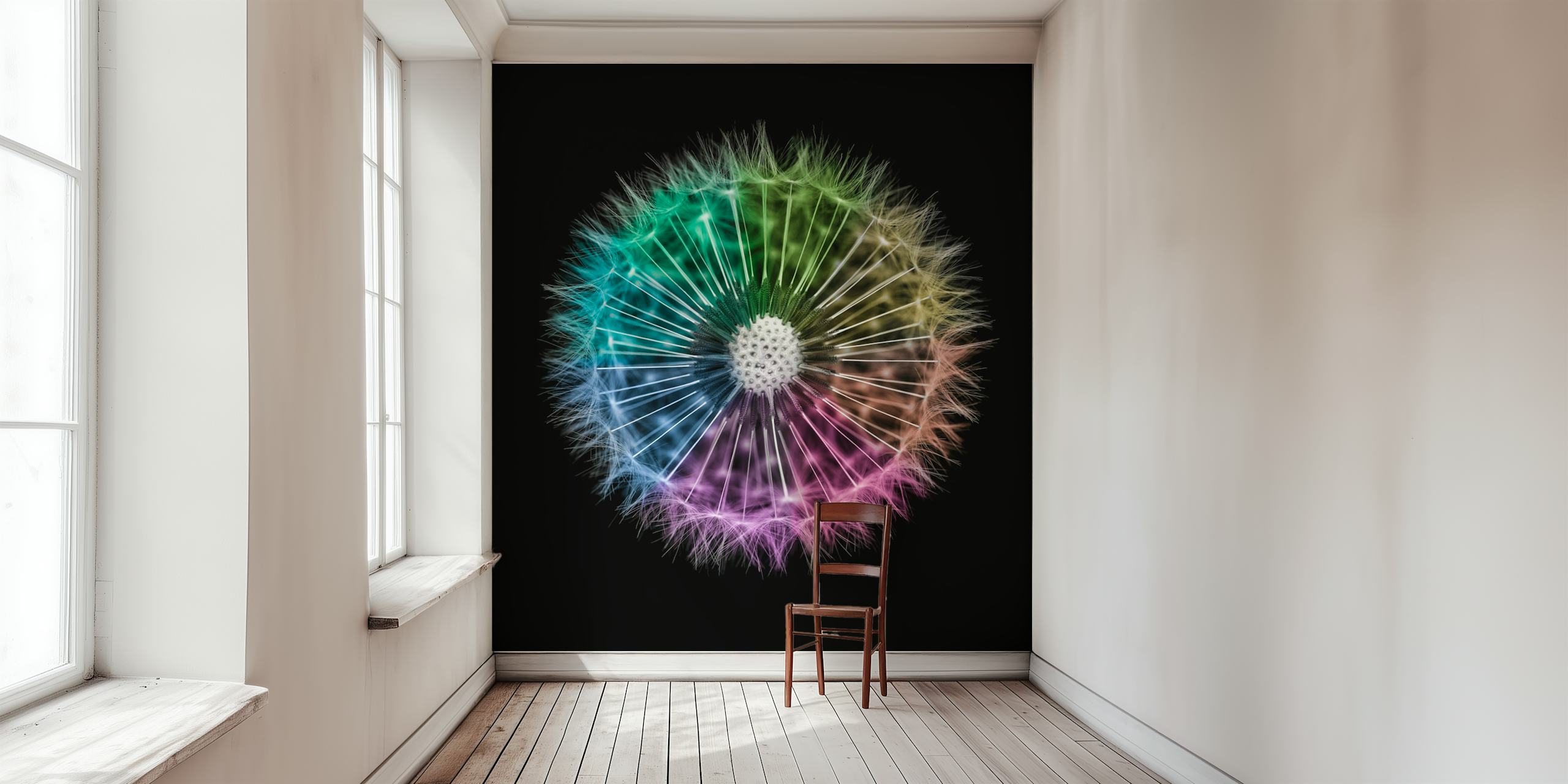 Colorful dandelion pattern with rainbow hues on black wallpaper