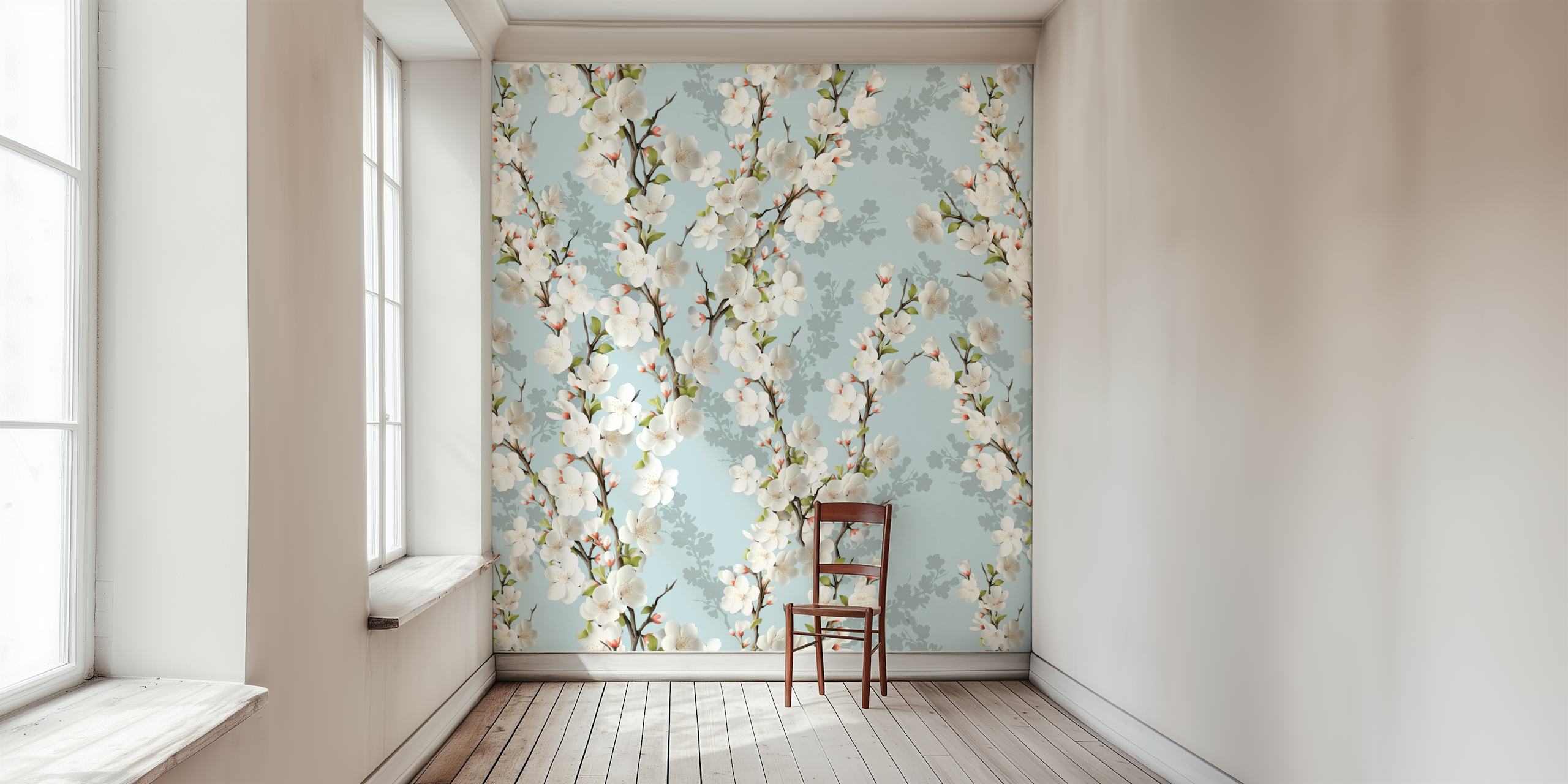 Cherry blossom wallpaper design on pale blue