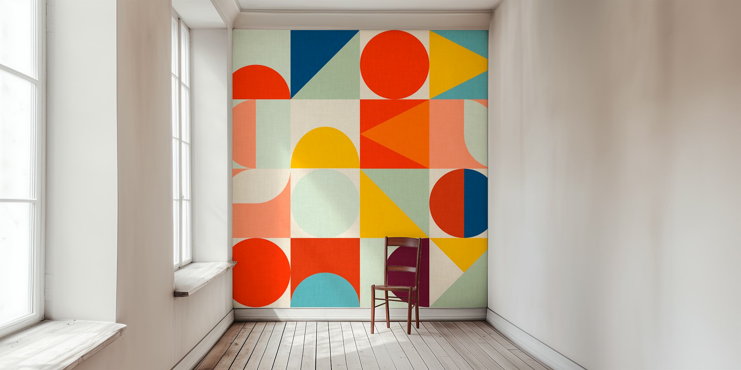 Τοιχογραφία τοίχου Mid Century Bauhaus Vivid 3 με γεωμετρικά σχέδια με συνδυασμό κόκκινου, μπλε, κίτρινου και μωβ χρωμάτων.