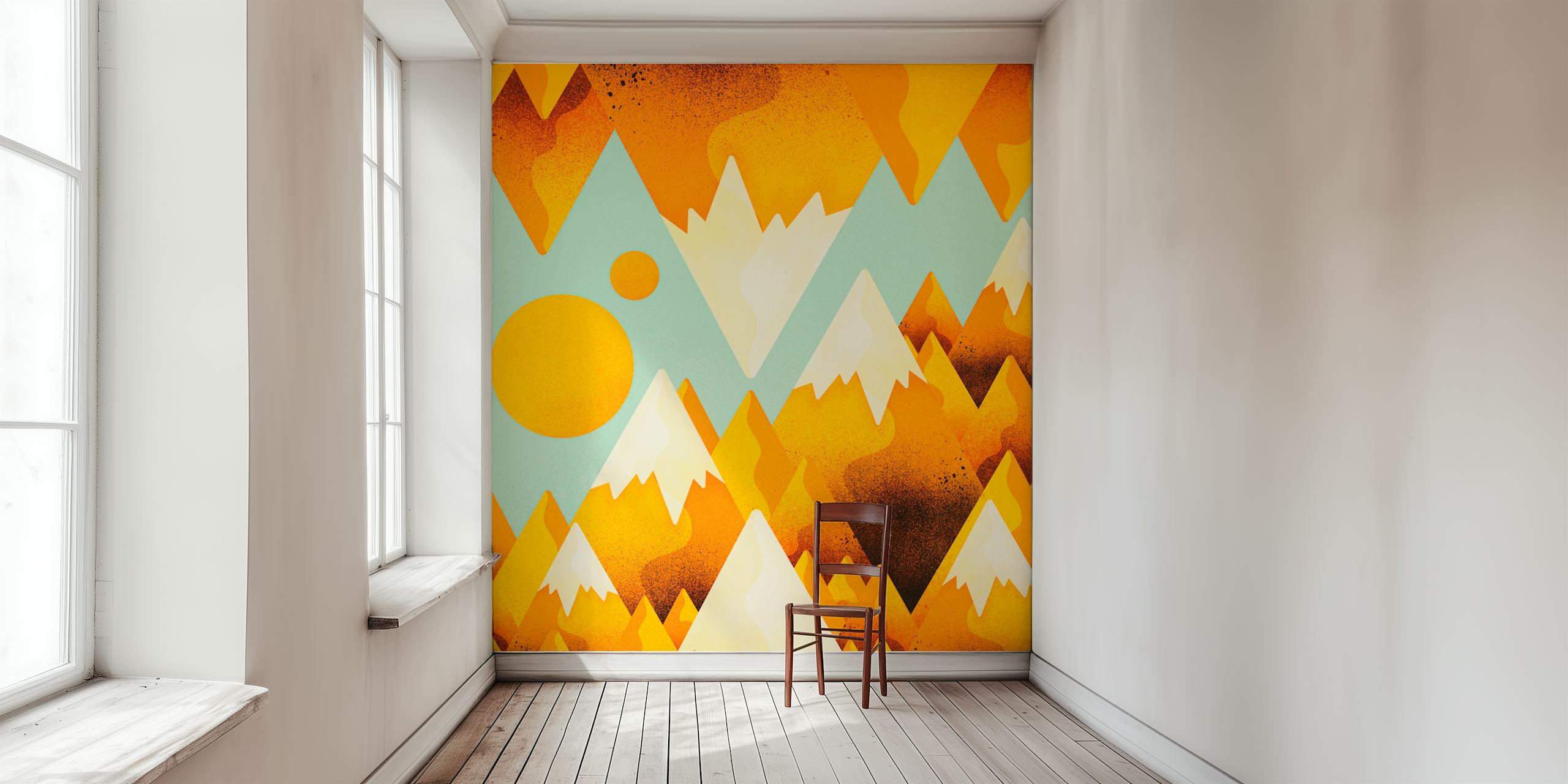 Yellow mountain peaks with white tips against a teal background wallpaper