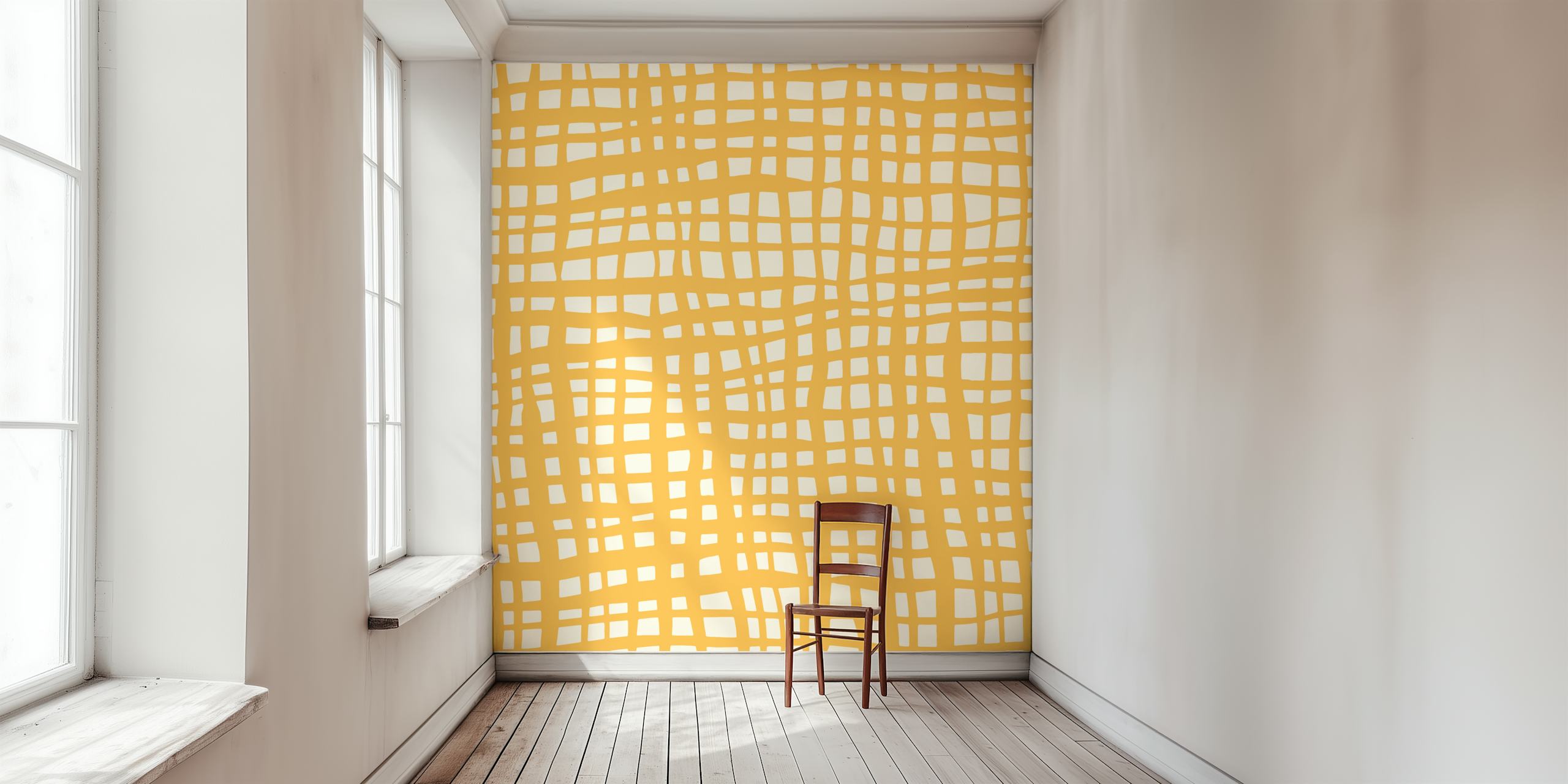 Fotomural de pared con estampado de cuadrícula retro amarillo con líneas dibujadas en blanco