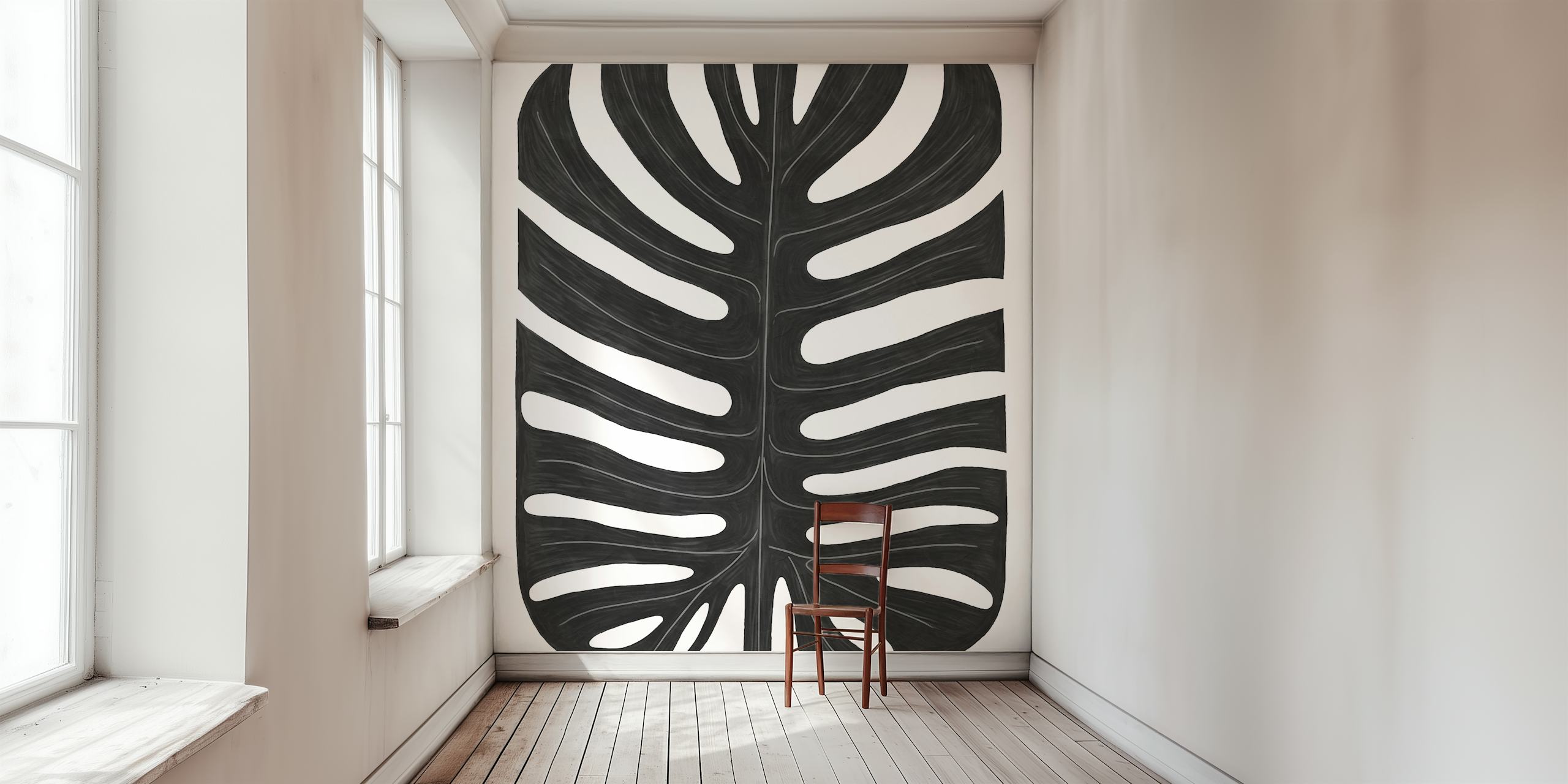 Large black Monstera leaf design on white background wallpaper