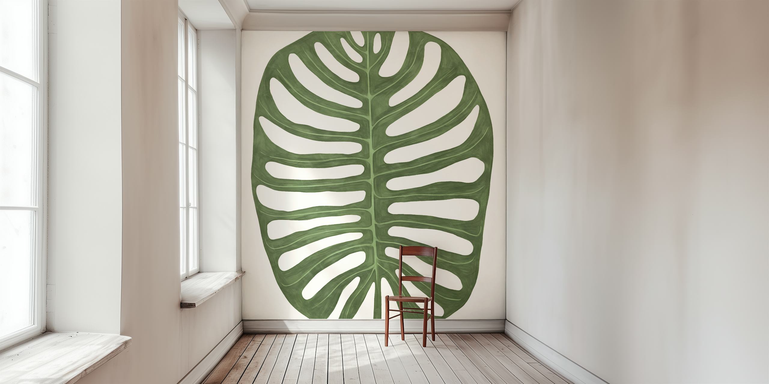 Large green tropical leaf silhouette on light background wallpaper