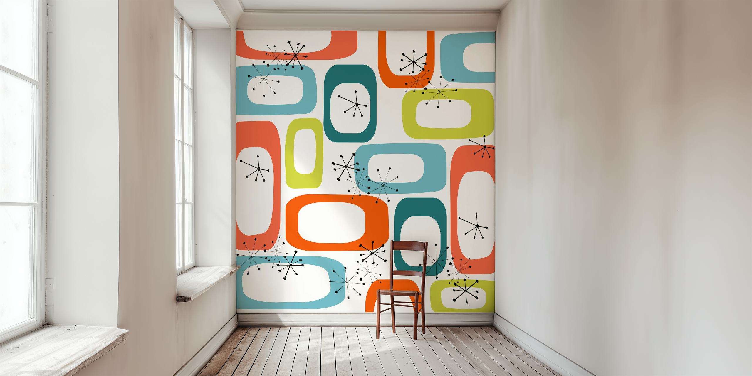 Mid Century Modern Pattern 01 Ταπετσαρία - Μια σύντηξη τολμηρού πορτοκαλιού και ηρεμιστικών γκρίζων γεωμετρικών σχημάτων