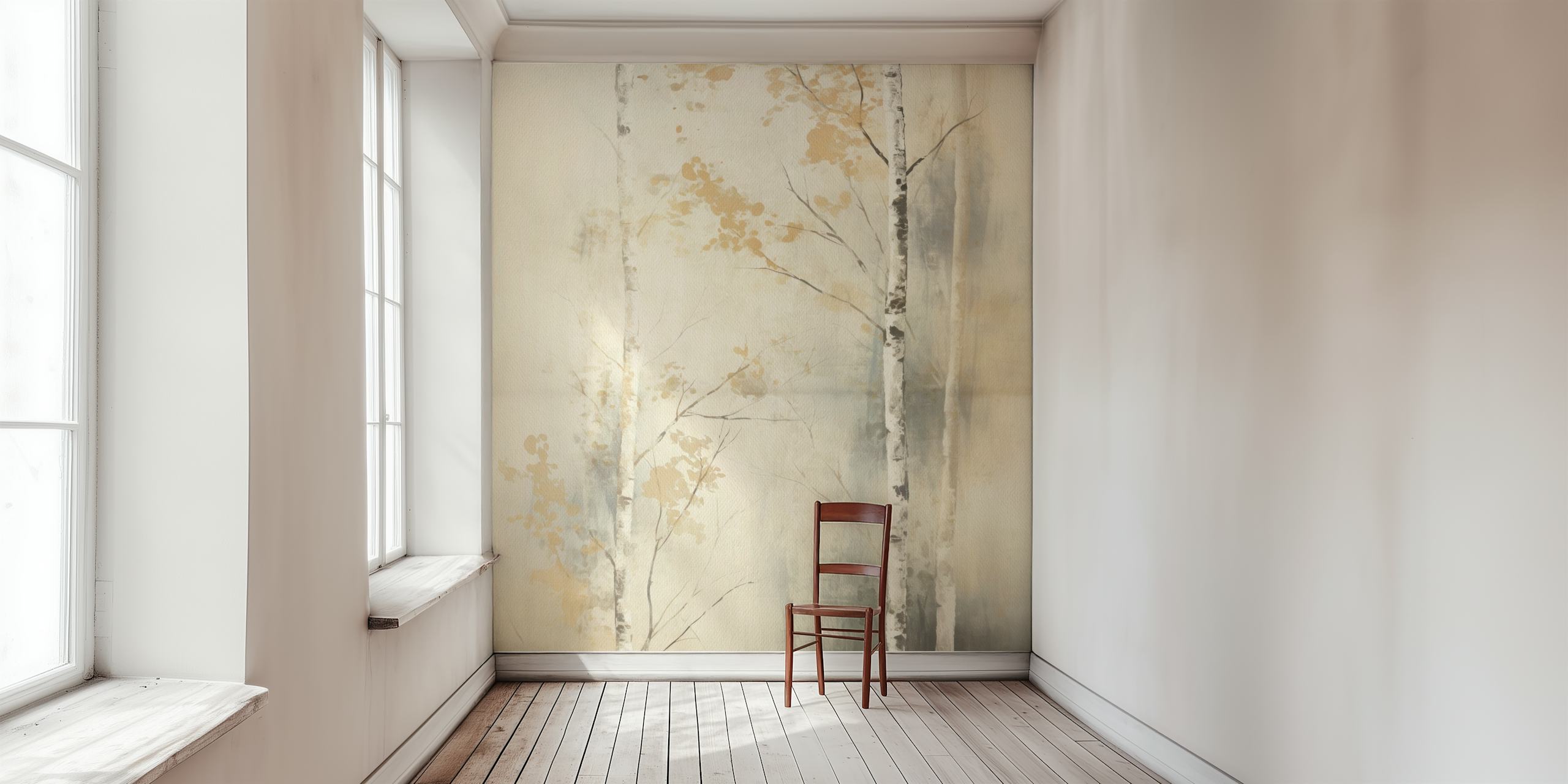 Birch trees with soft gold and gray accents wallpaper