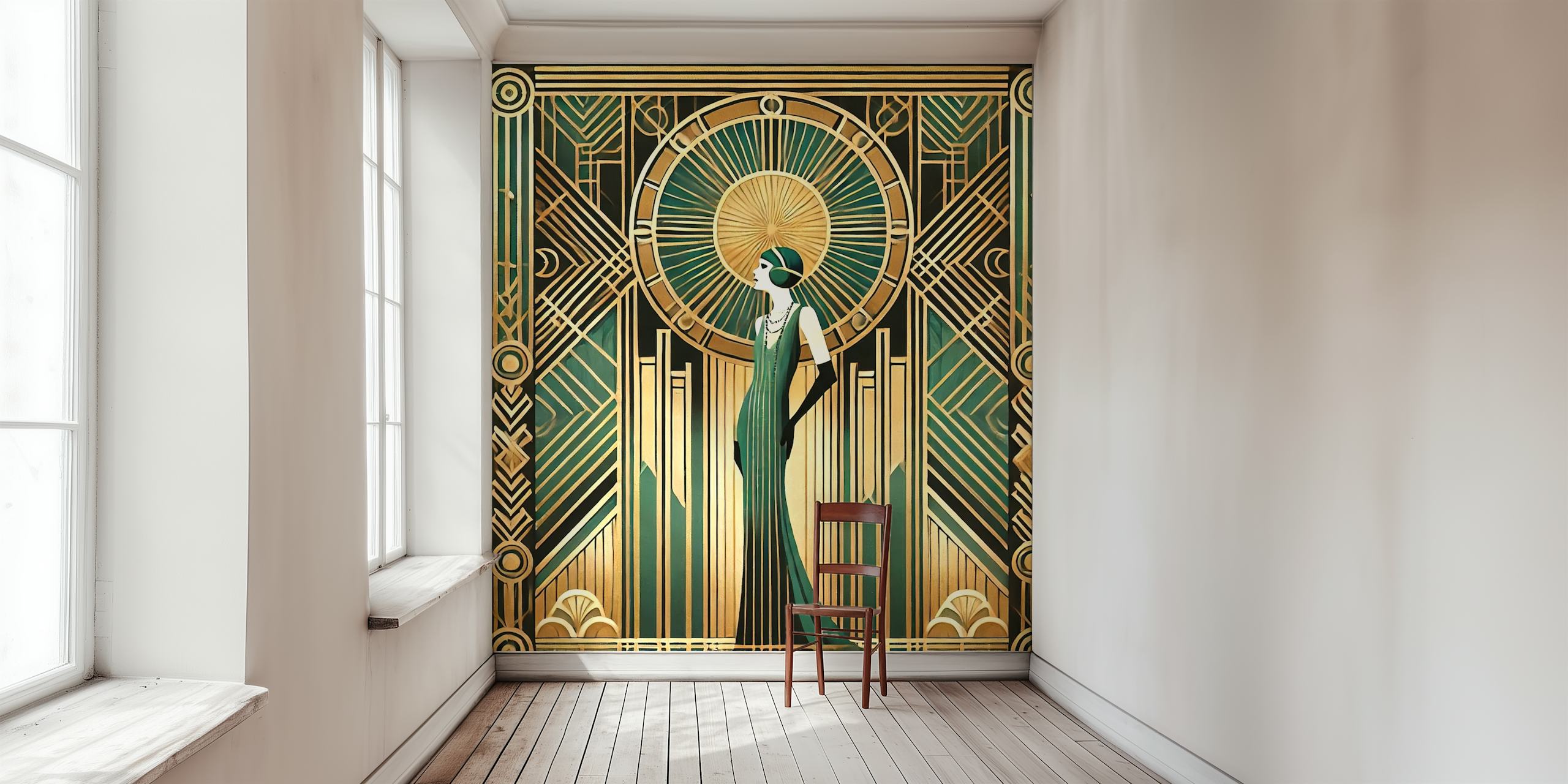 Art Deco wallpaper featuring a woman in green, gold geometric patterns