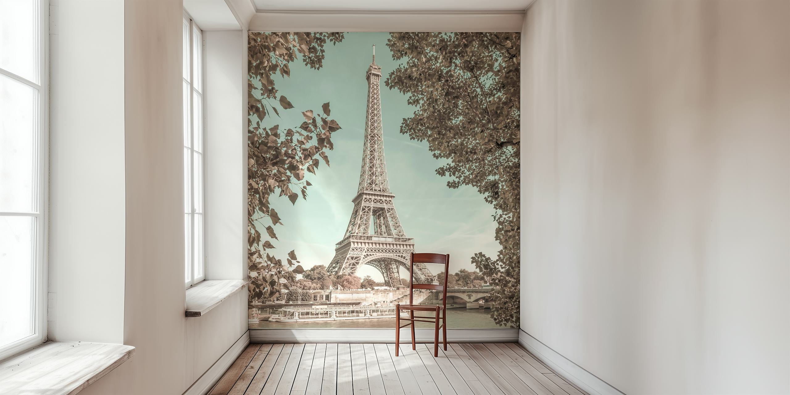 Eiffel Tower and River in soft black and white wallpaper