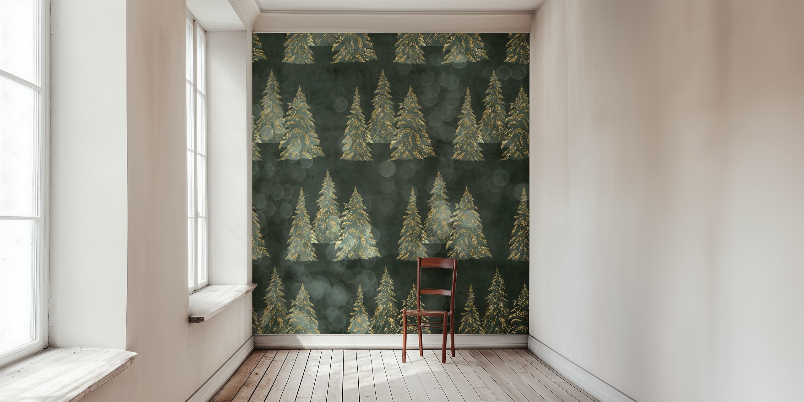 Ταπετσαρία Snowy Winter Trees - Dark Green σε ένα δωμάτιο