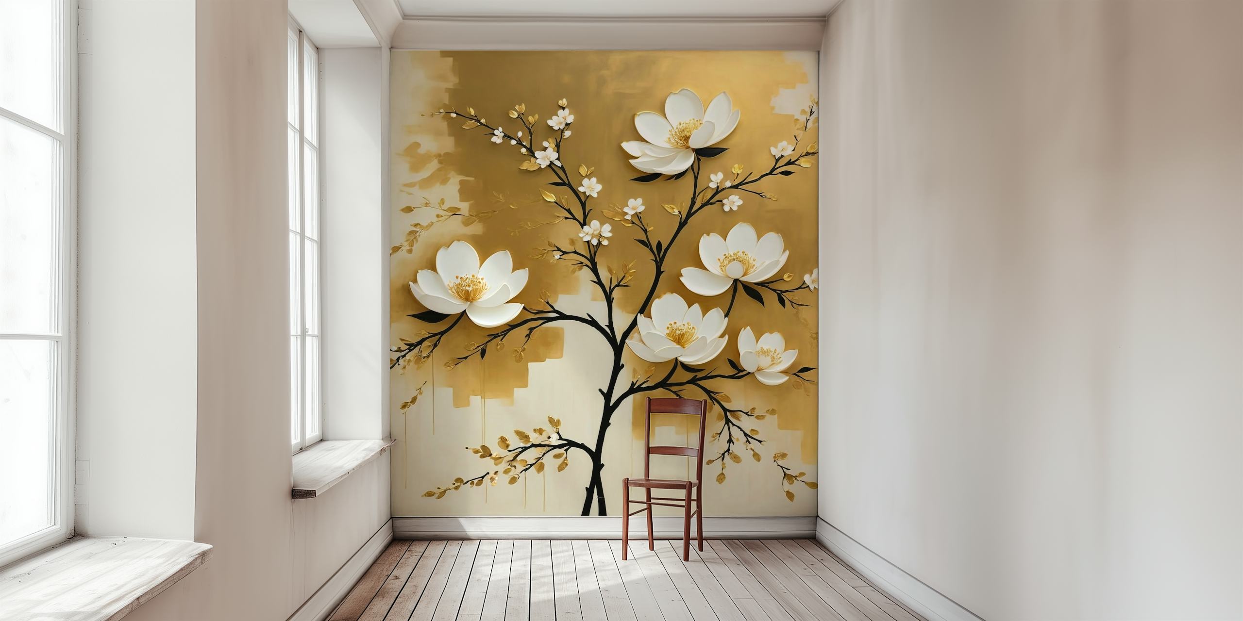 Gold floral design wallpaper with white flowers on branches