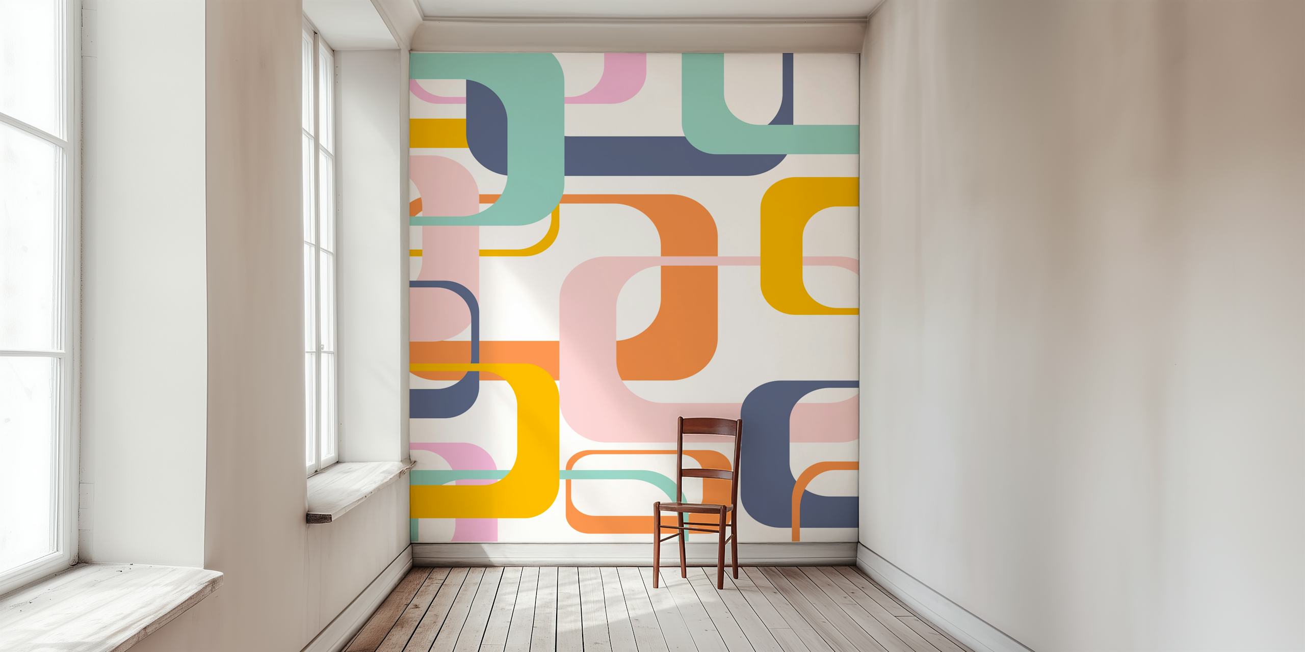 Kolorowa fototapeta z geometrycznymi kształtami w stylu mid-century modern