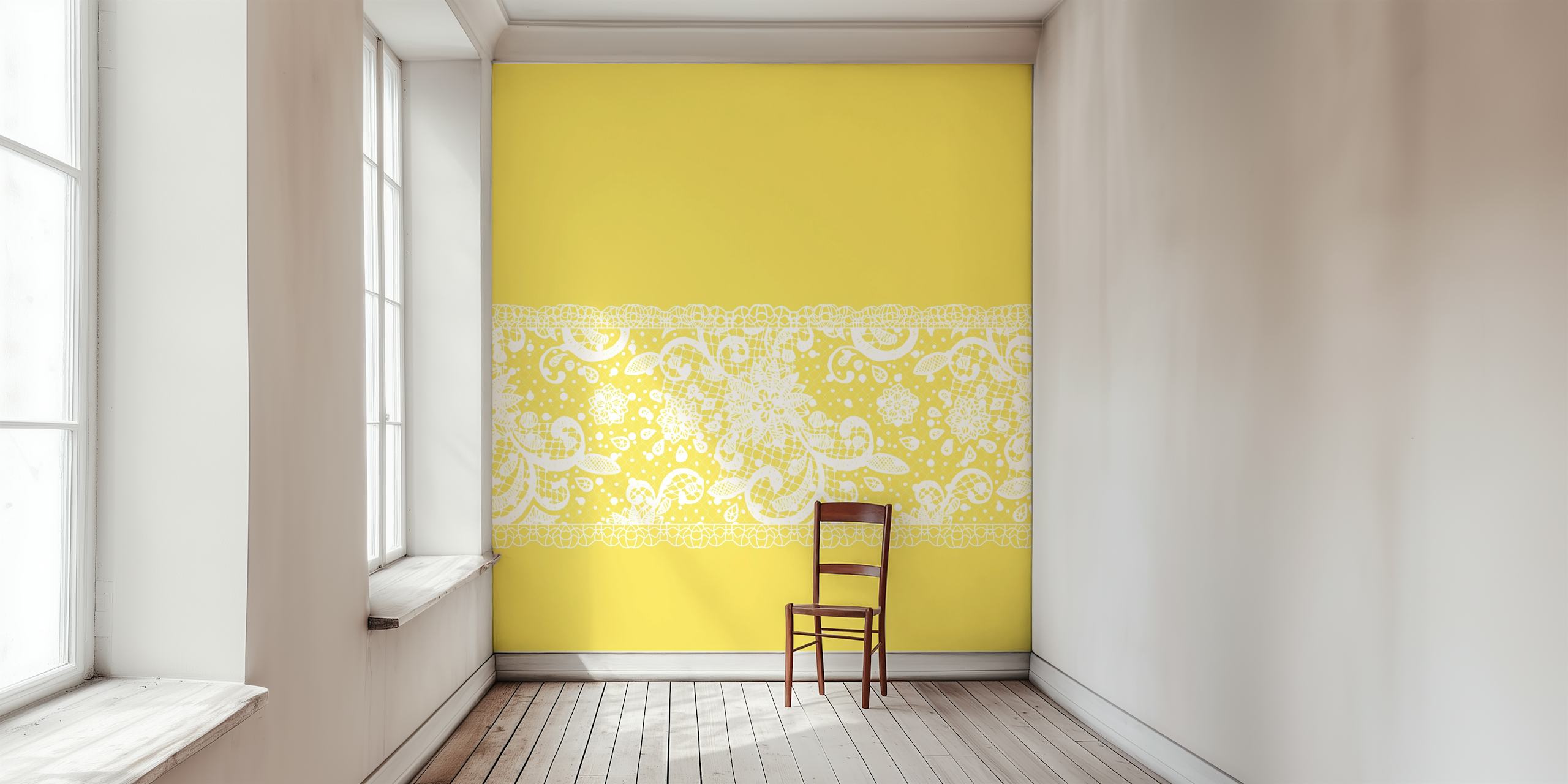 Floral lace pattern in white over sunny yellow background wallpaper