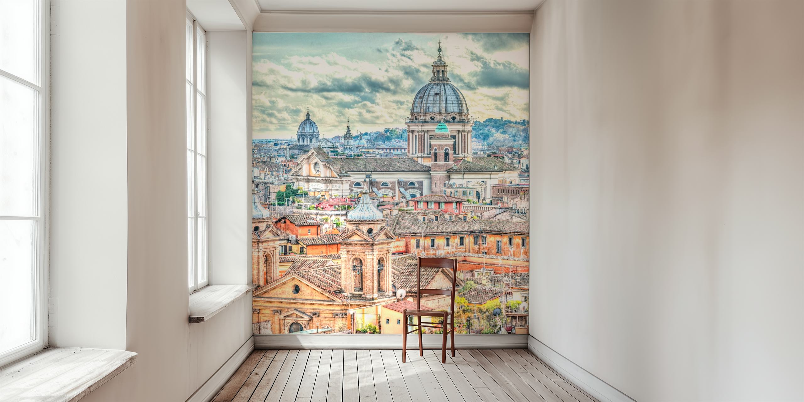 Urban skyline wallpaper with soft pastel colors and historic buildings