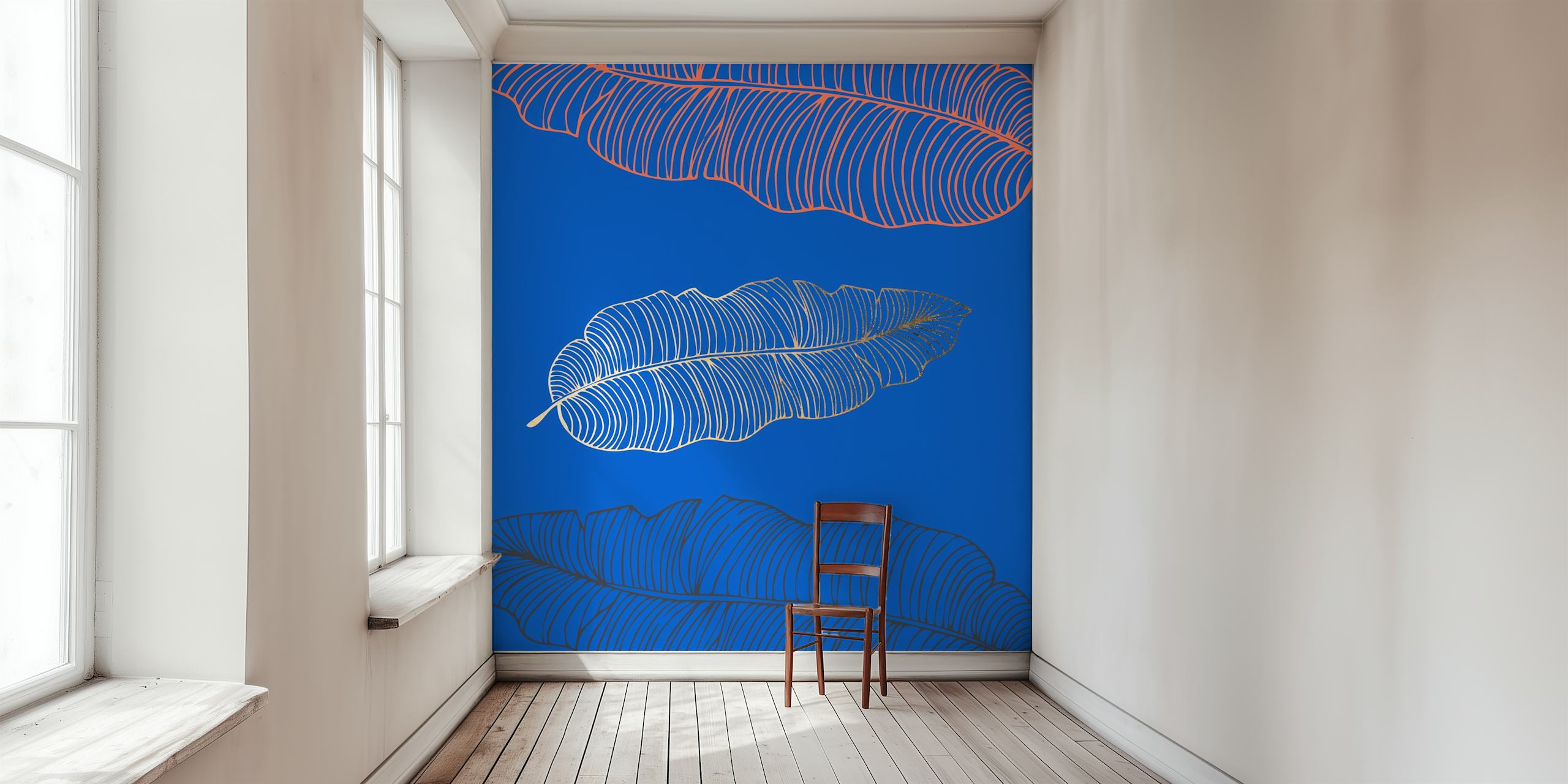 Tropical leaf patterns in navy blue, pink and white wallpaper