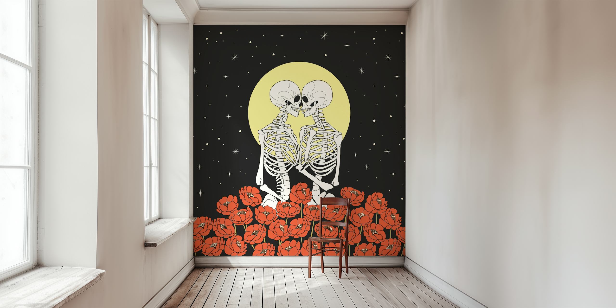 Skeleton lovers wallpaper in a room setting
