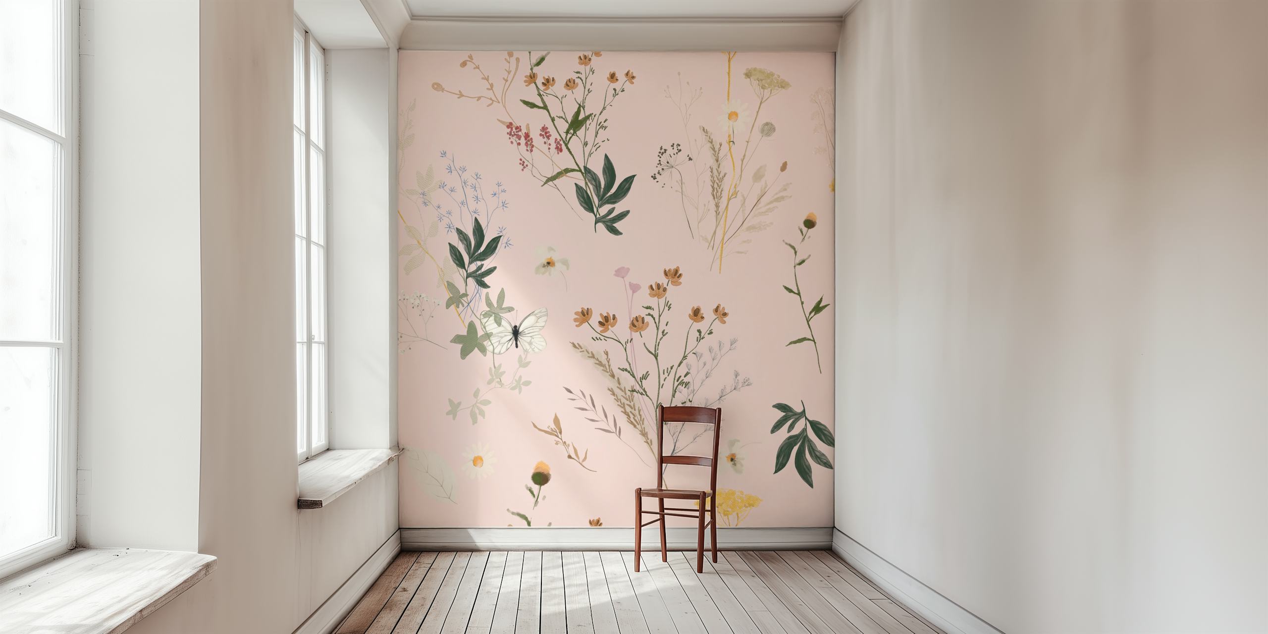 Pink floral wallpaper with wildflowers and greenery