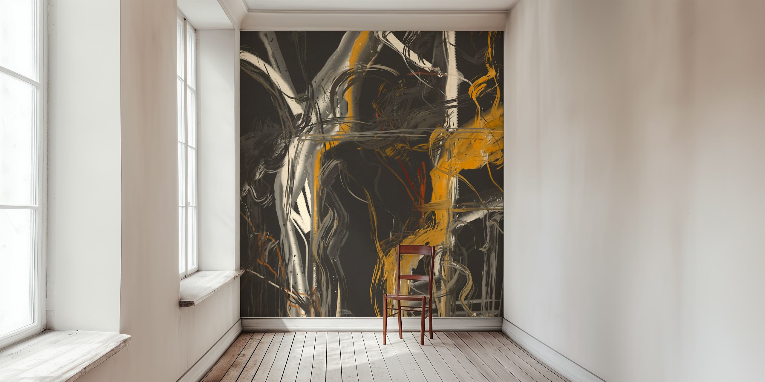 Abstract brush strokes in black, white, gray, and amber wallpaper