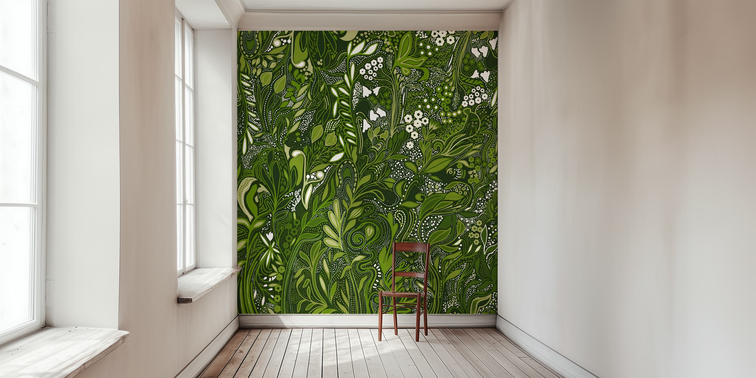 Intricate green floral patterns, leaves and flowers wallpaper