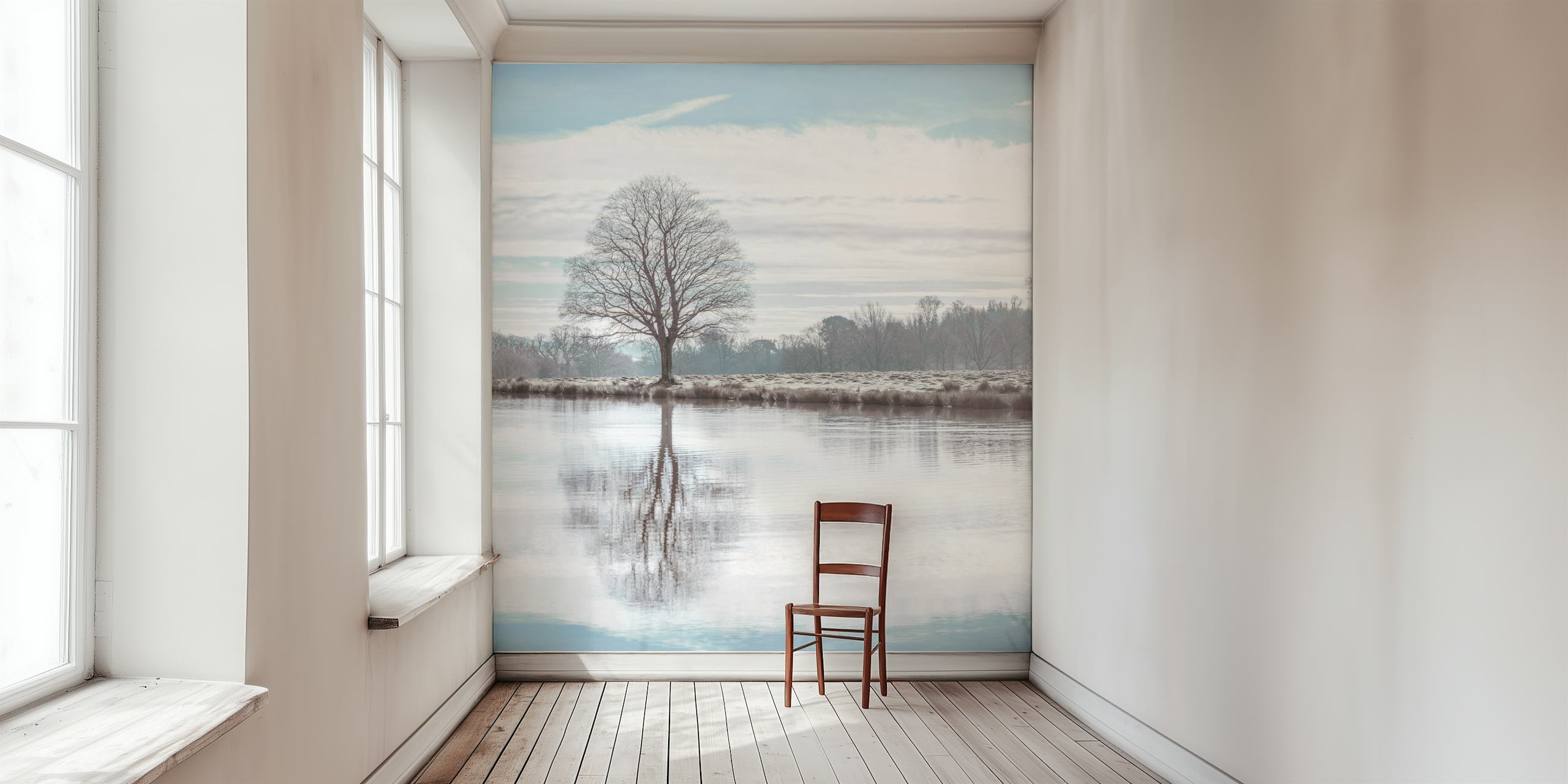 Tree reflection in calm water with light colors wallpaper