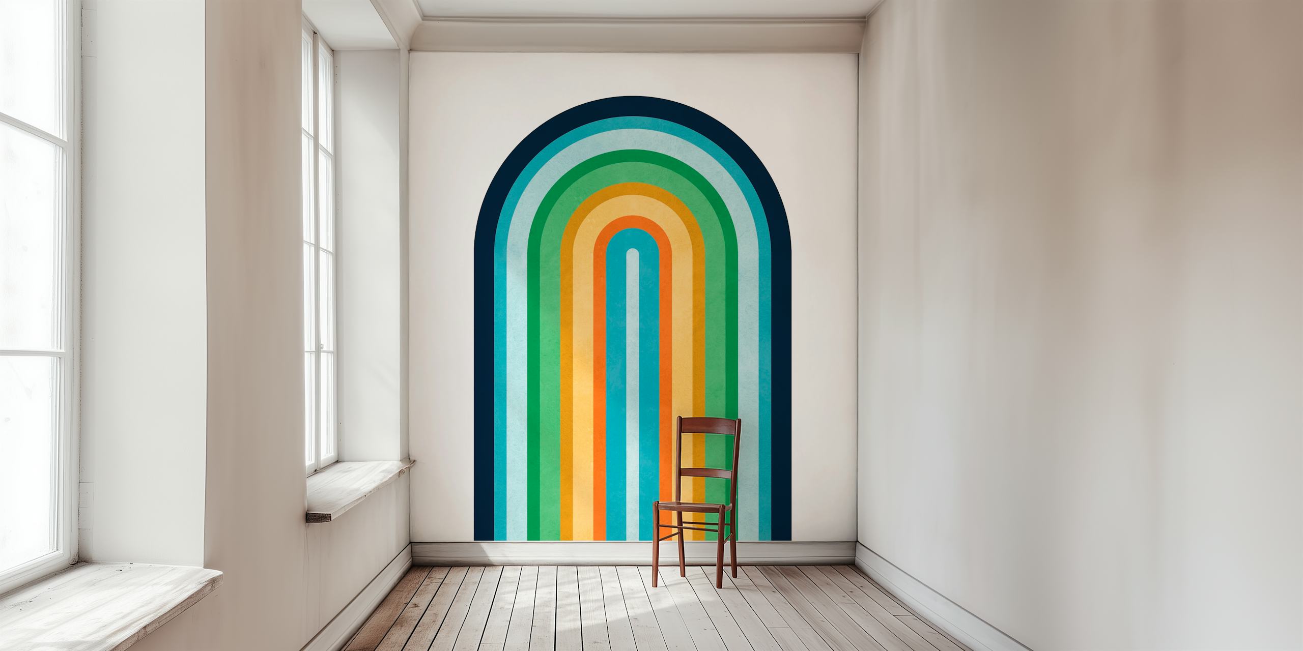Expressive rainbow wallpaper displayed in a room