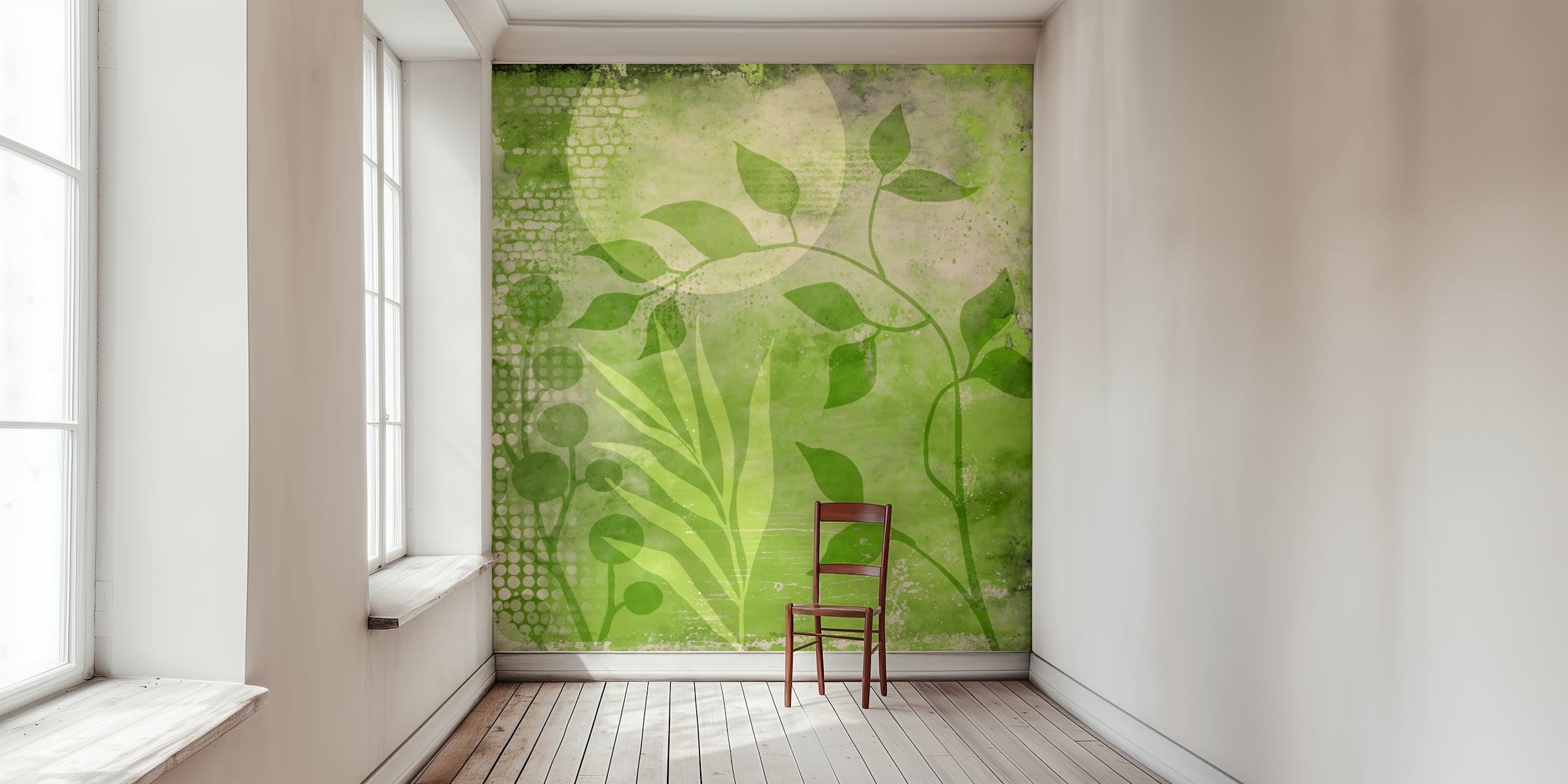 Abstract leafy design in various shades of green wallpaper