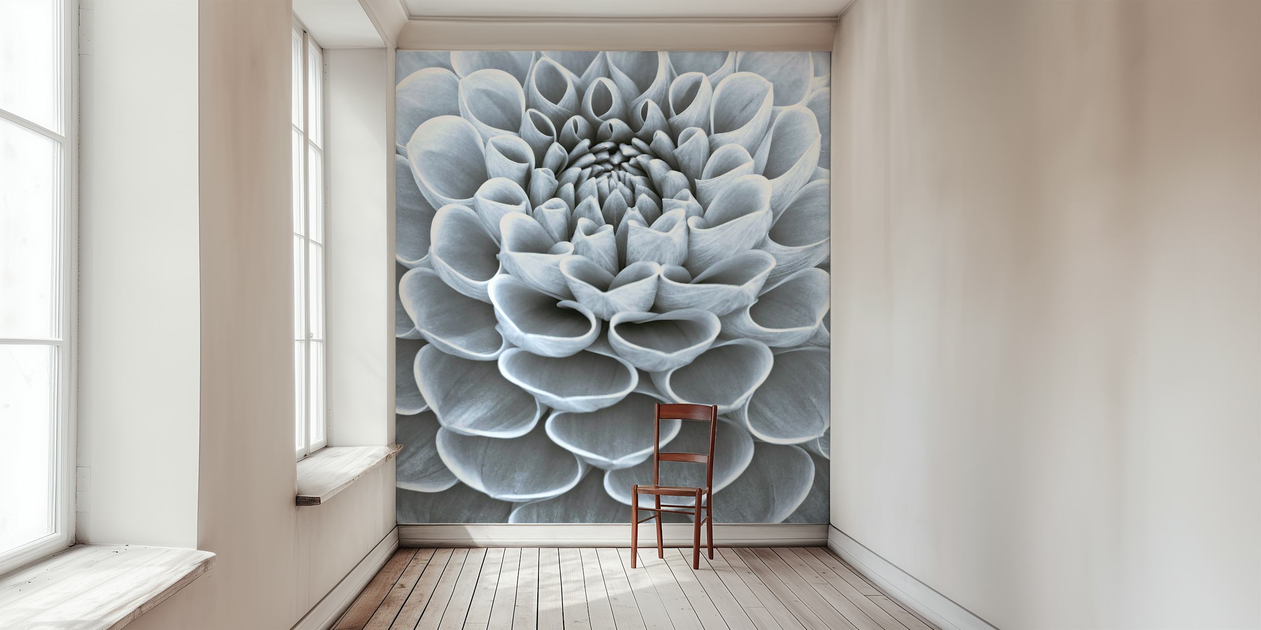 Close-up of a monochrome flower design in soft gray tones wallpaper