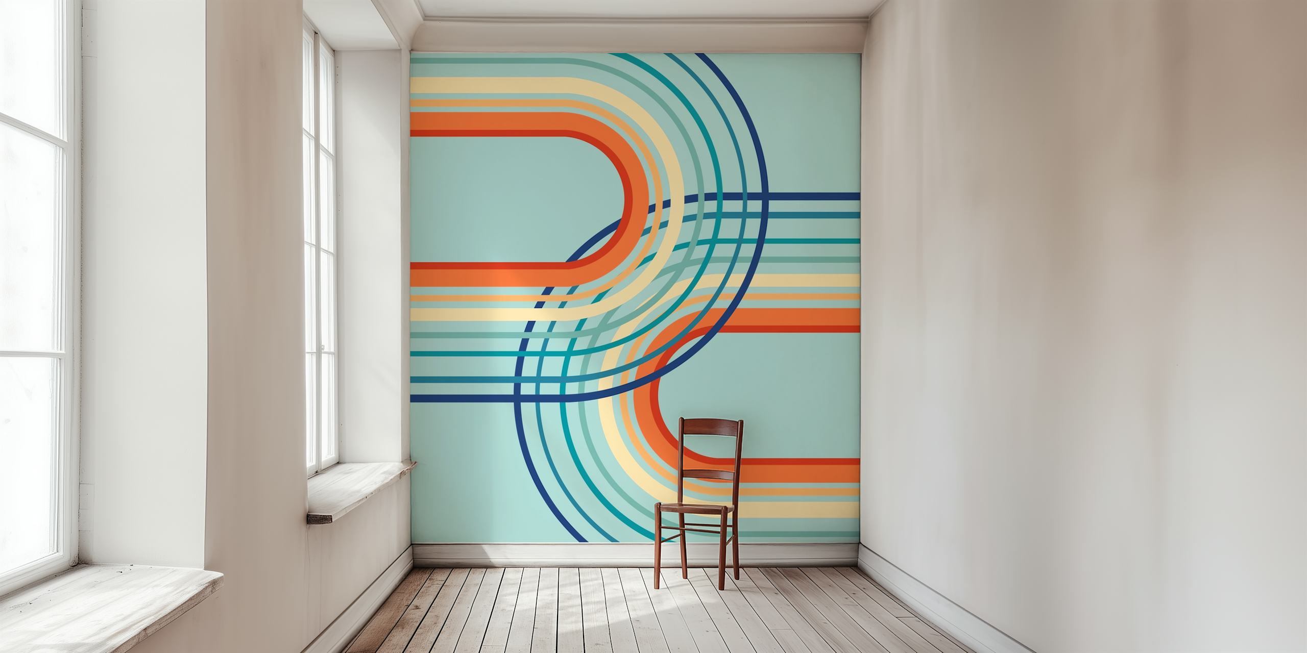 Mural de pared Rainbow Arch Minimal 2 con líneas suaves y fluidas en los colores del arcoíris sobre un fondo apagado