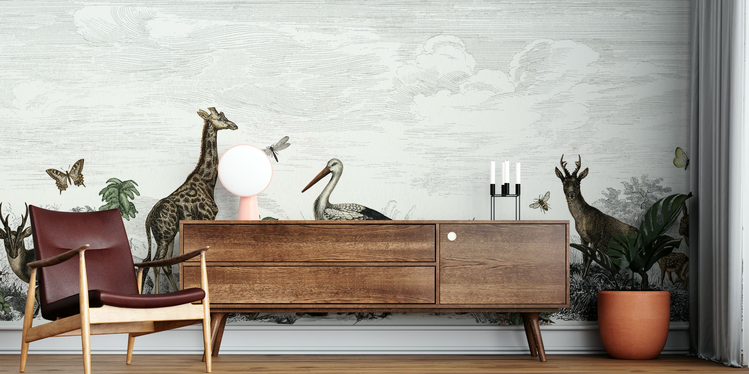 Vintage animals in shades of brown and green wallpaper