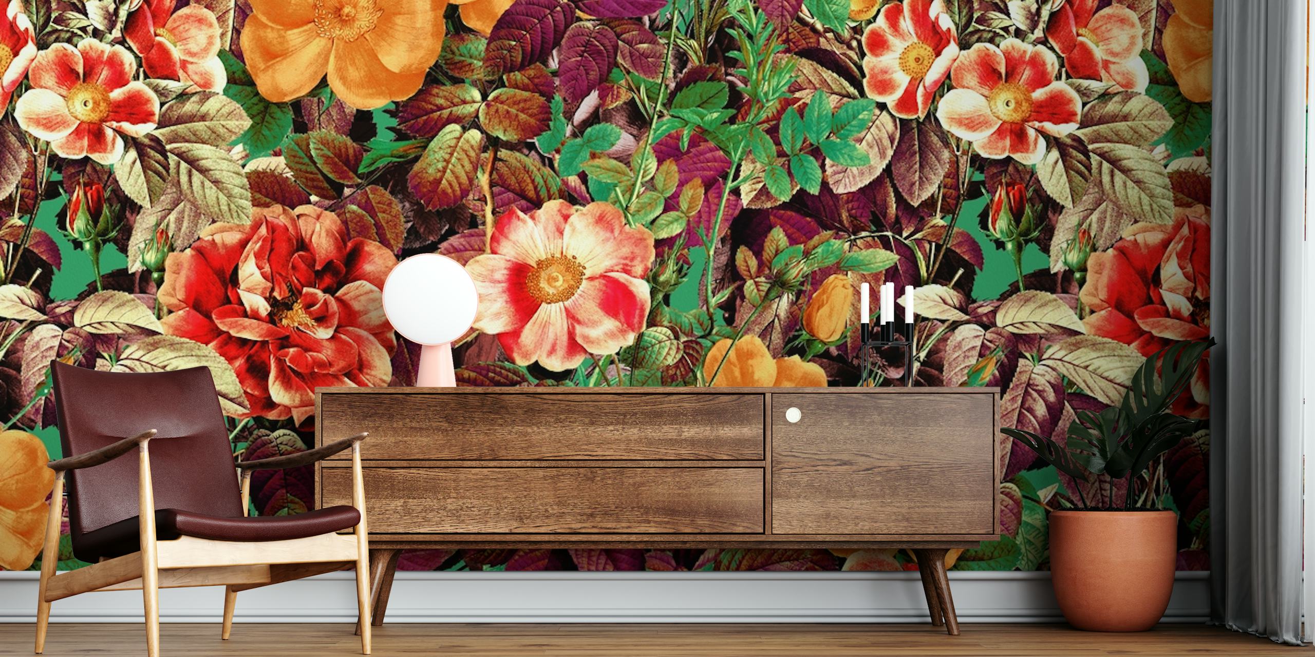 Vintage-inspired wall mural depicting an exotic forest with vibrant flowers and foliage.