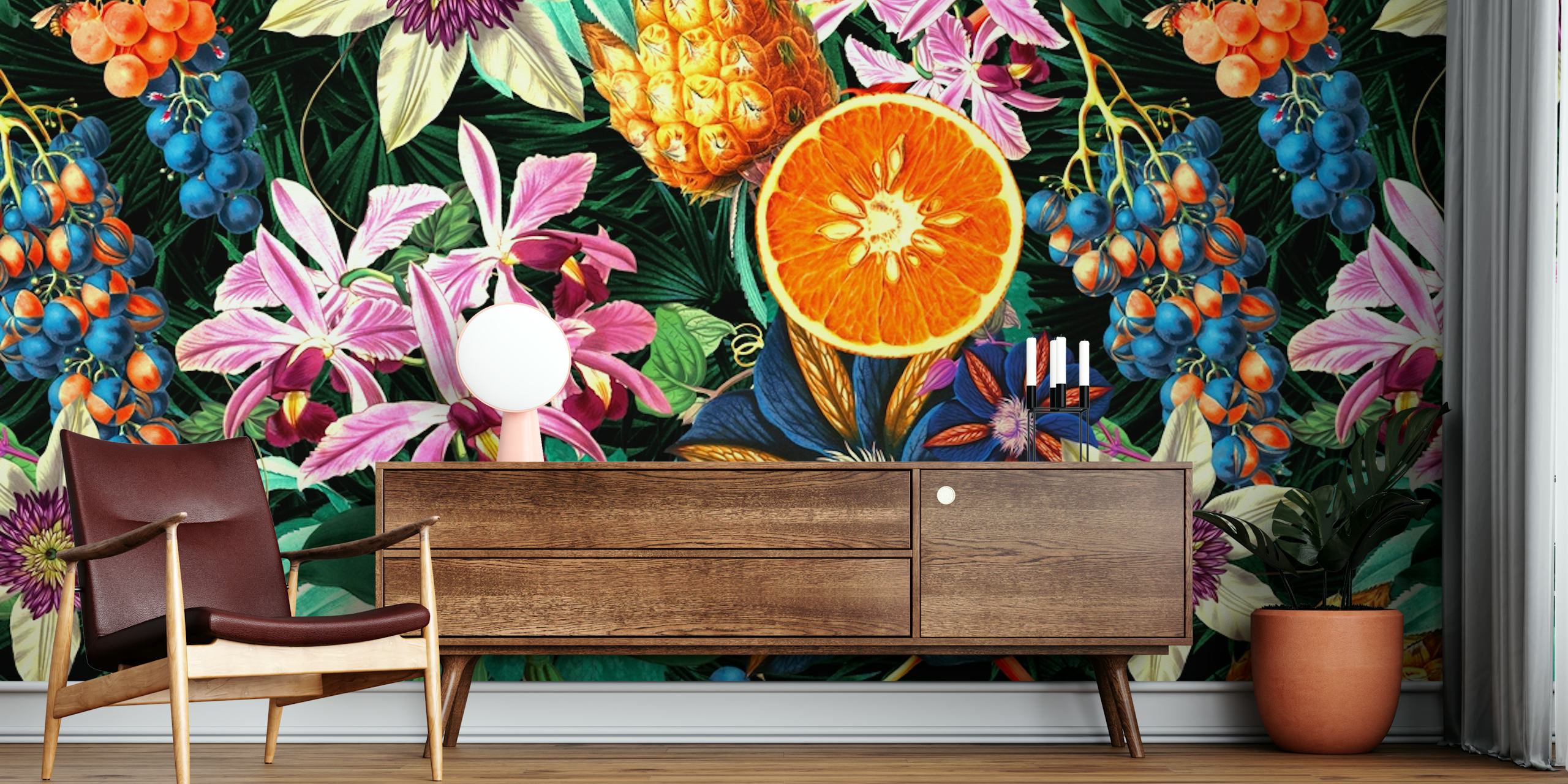Colorful tropical floral design featuring orange slices, lilies, and berries wallpaper