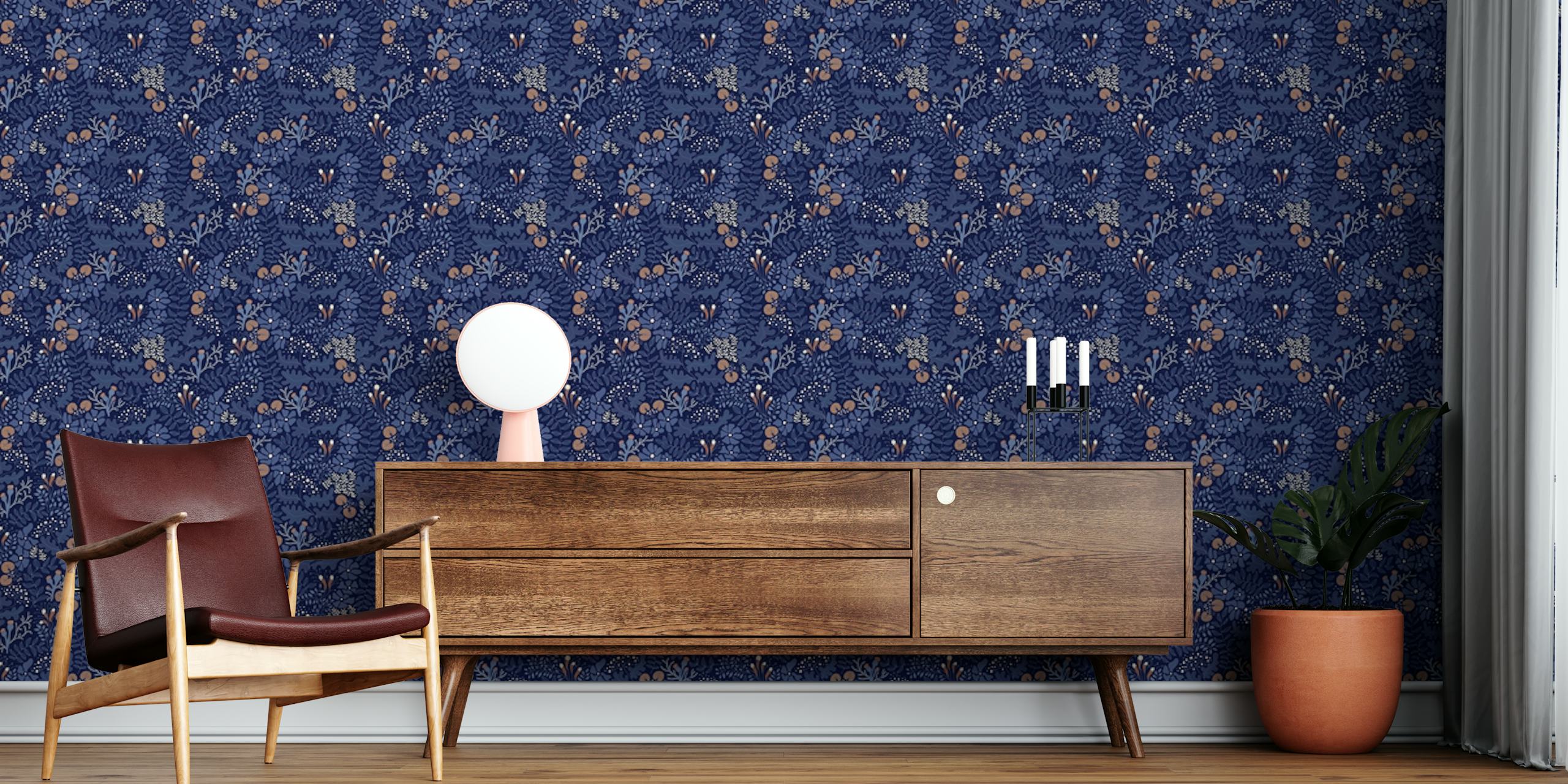 Floral patterns in dark blue with gold and beige accents wallpaper