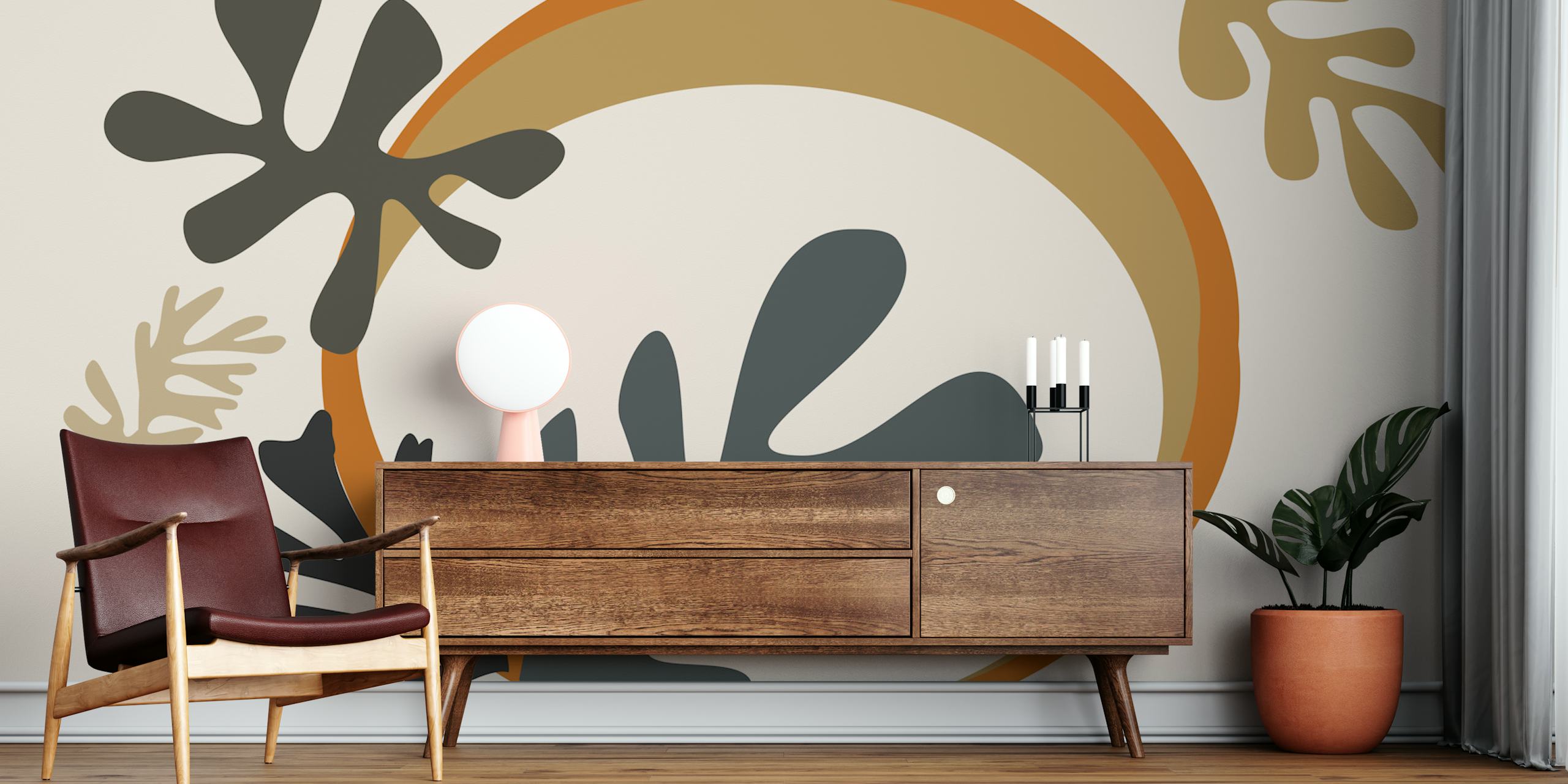 Abstrakt Matisse-inspireret bladvægmaleri med et moderne og minimalistisk design med jordfarver