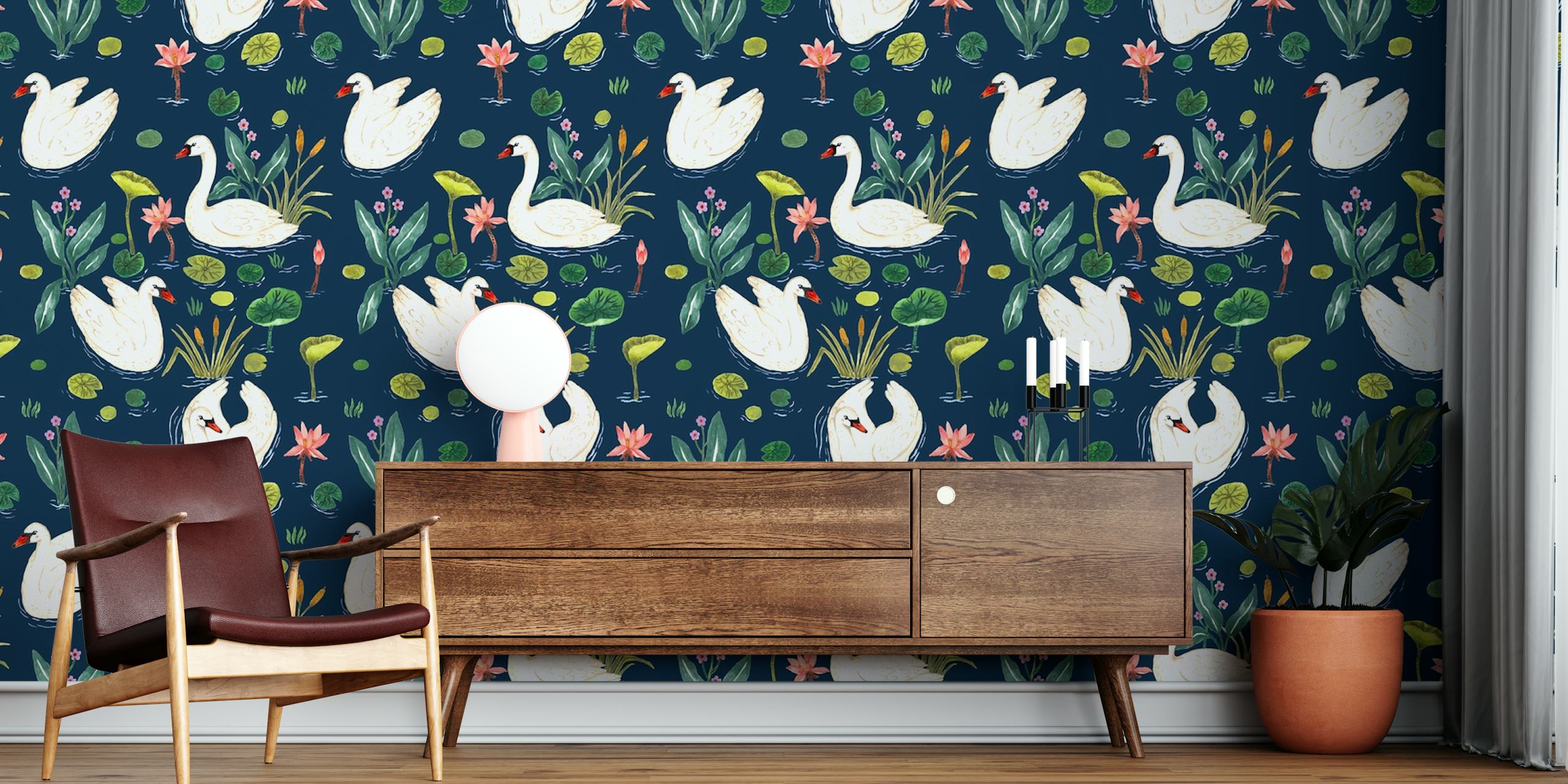 Elegante Schwäne auf einem sternenklaren See mit Seerosenblättern und Blumenwandbild