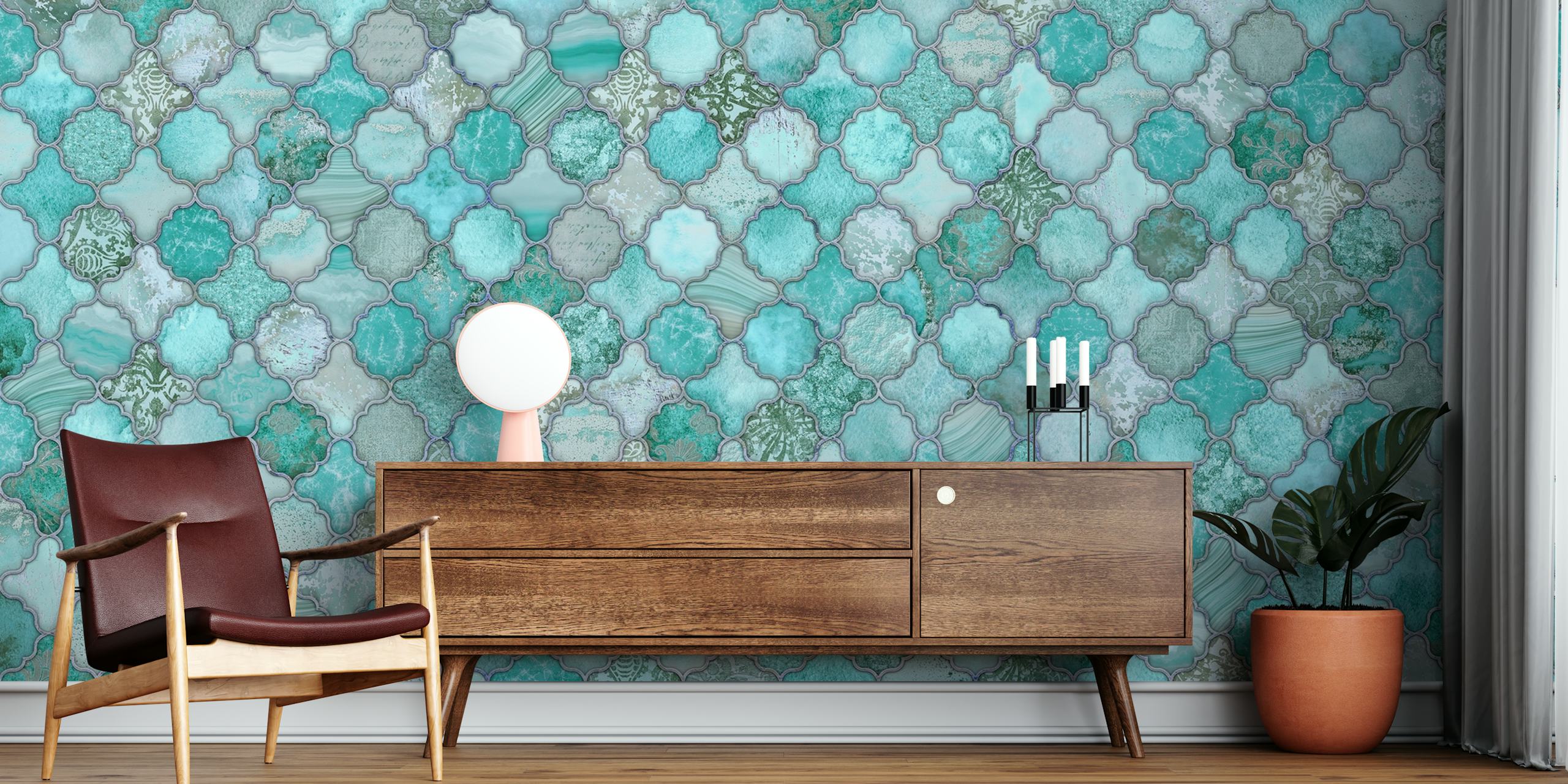 Turquoise Moroccan pattern with intricate tile designs wallpaper