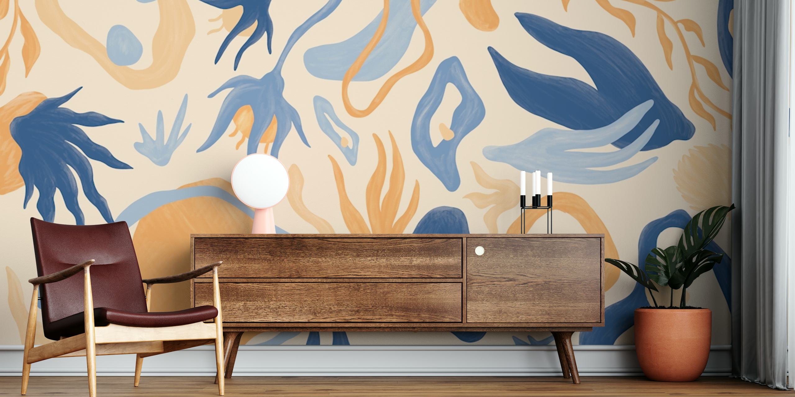 Tapeta Blue Botanical Flow w pokoju