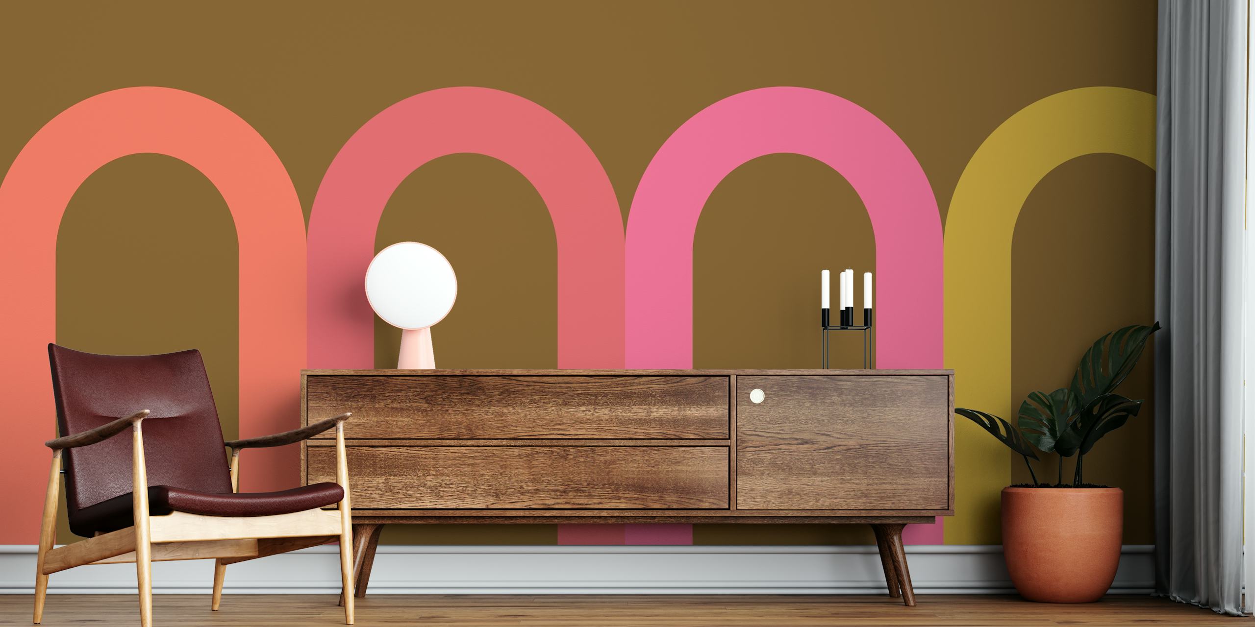 Papel pintado Retro Sunset Arches mostrado en una habitación