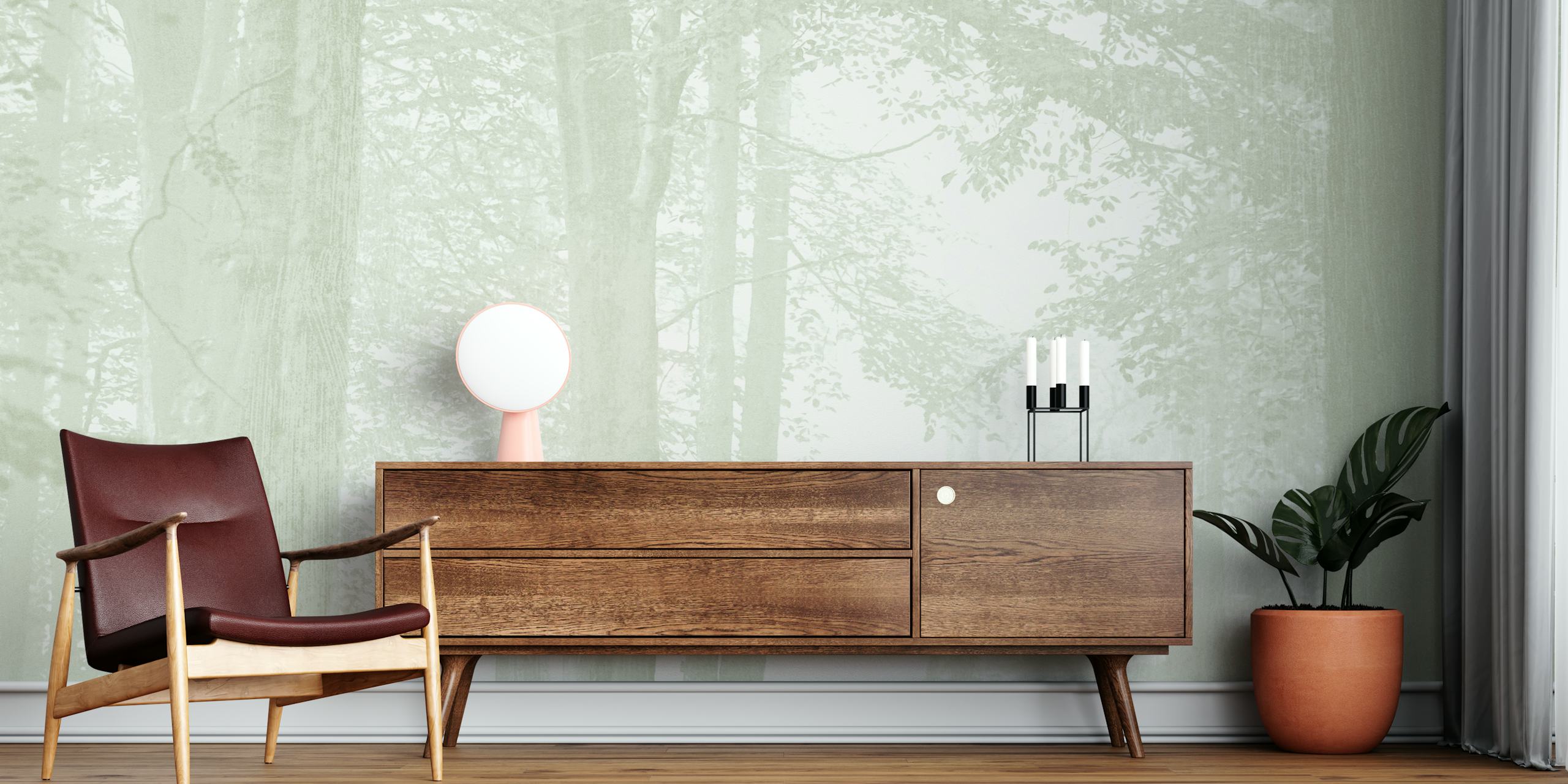 Ethereal trees in soft gray tones with misty background wallpaper.