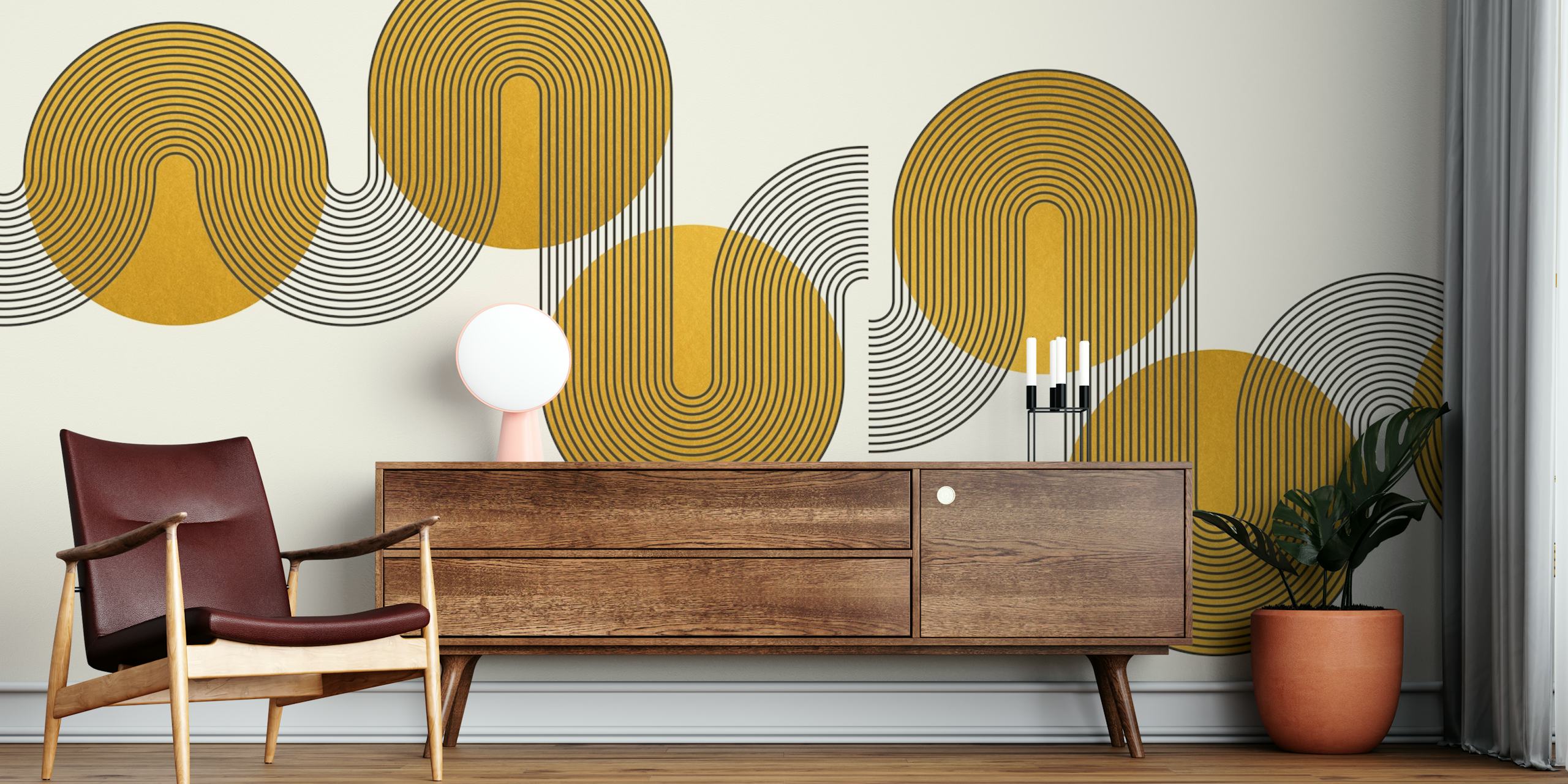 Tapeta Golden Curvy Bauhaus Luxury v pokoji