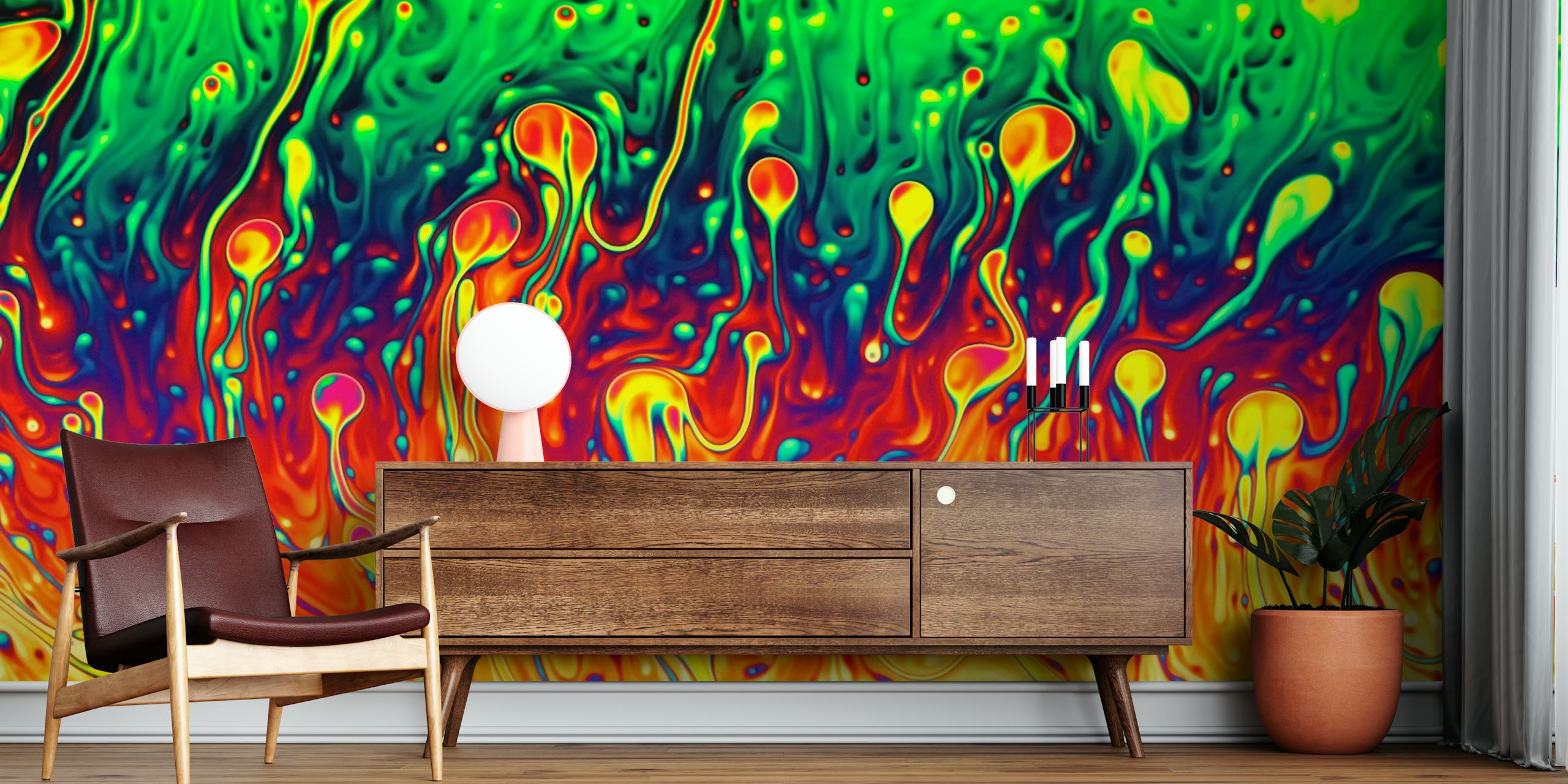 Abstract Soap Opera wall mural with swirling greens, reds, and oranges