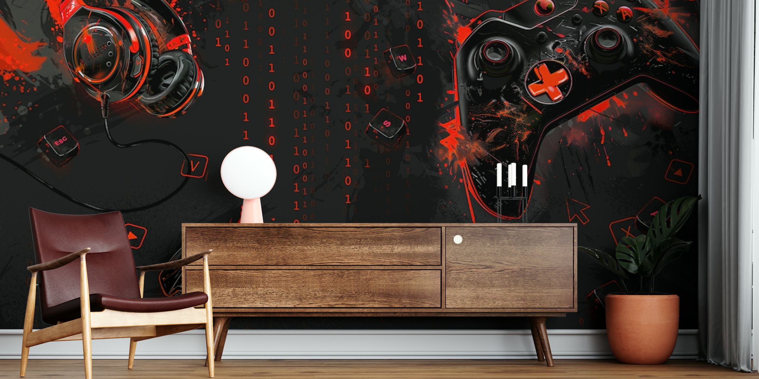 Gaming equipment including a headset, controller and mouse in red and black colors on a wall mural