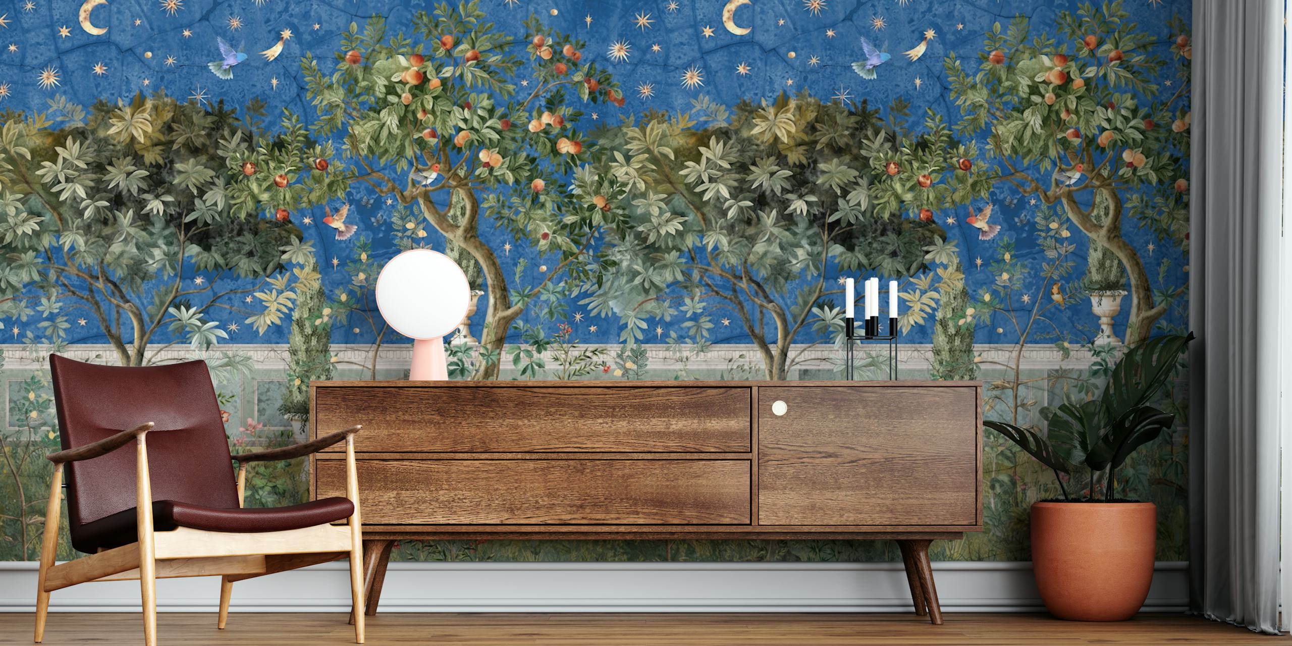 Starry Orchard Dreams Midnight papel de parede em um quarto