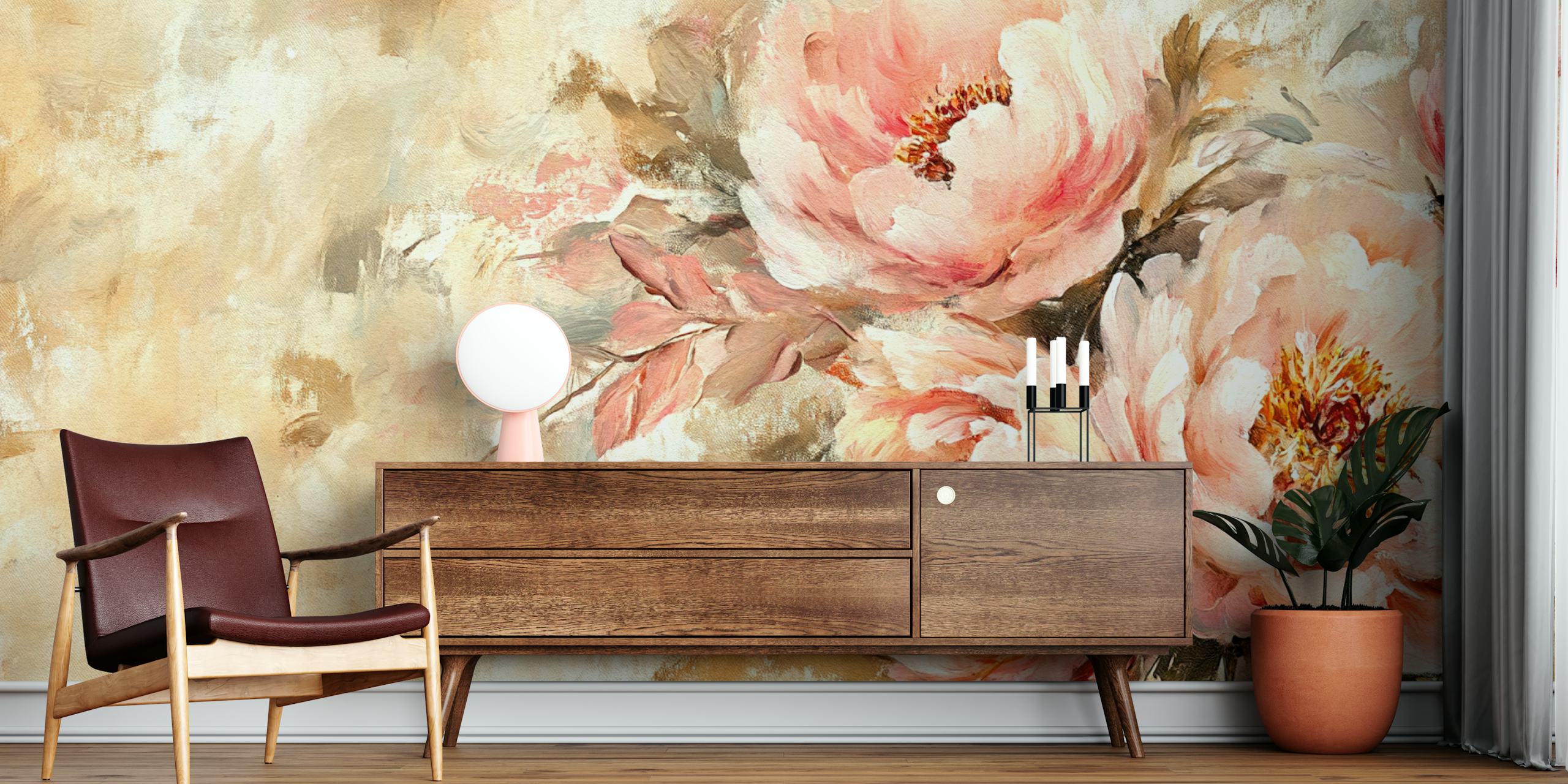 Elegant peach peony blooms wallpaper in a room